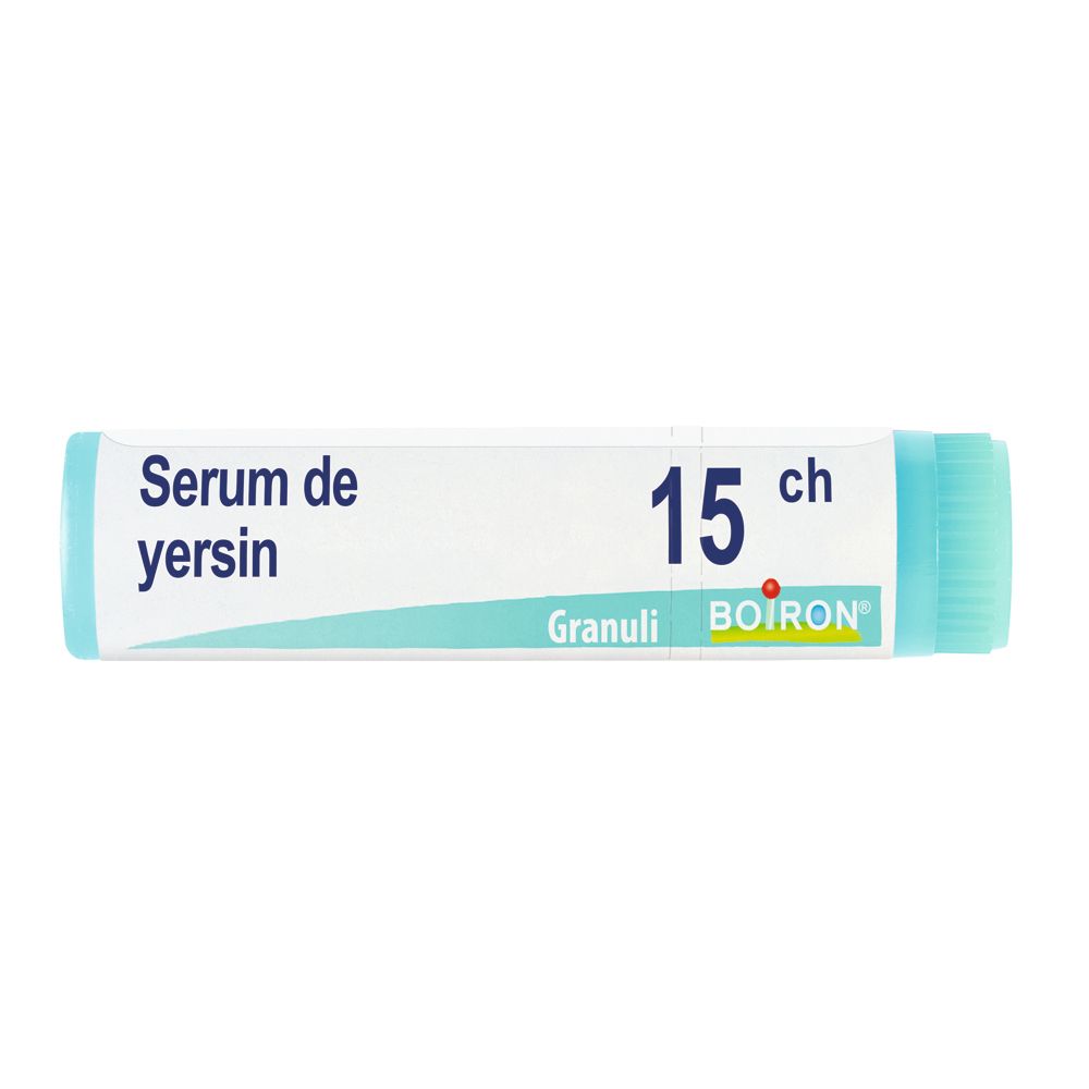 Confezione cilindrica con scritta "Serum de yersin 15 ch Granuli BOIRON". Colori: turchese e bianco.