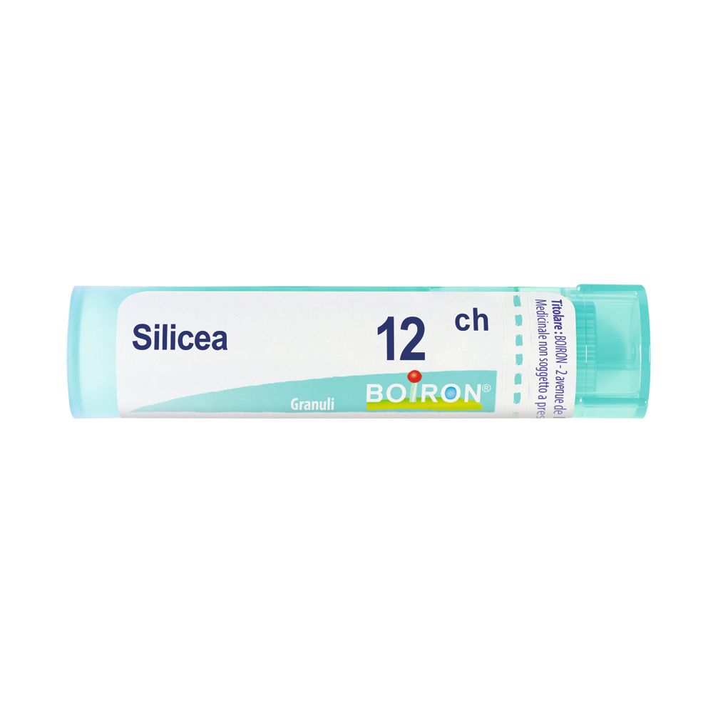 Confezione cilindrica con tappo blu. Scritta: Silicea 12 ch, BOIRON, Granuli.