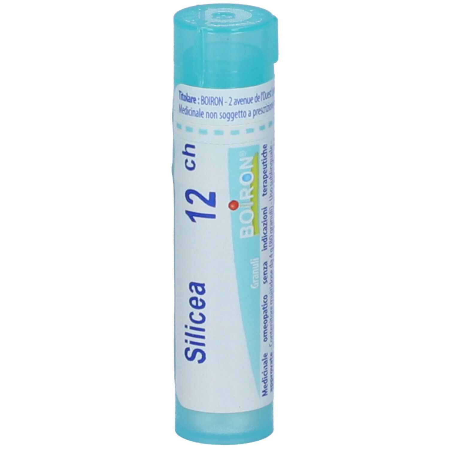 Confezione cilindrica con tappo blu. Scritta: Silicea 12 ch, BOIRON, Granuli. Vista verticale.