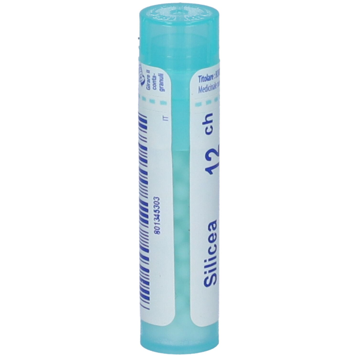 Confezione cilindrica con tappo blu. Scritta: Silicea 12 ch. Vista dettagliata dell'etichetta.
