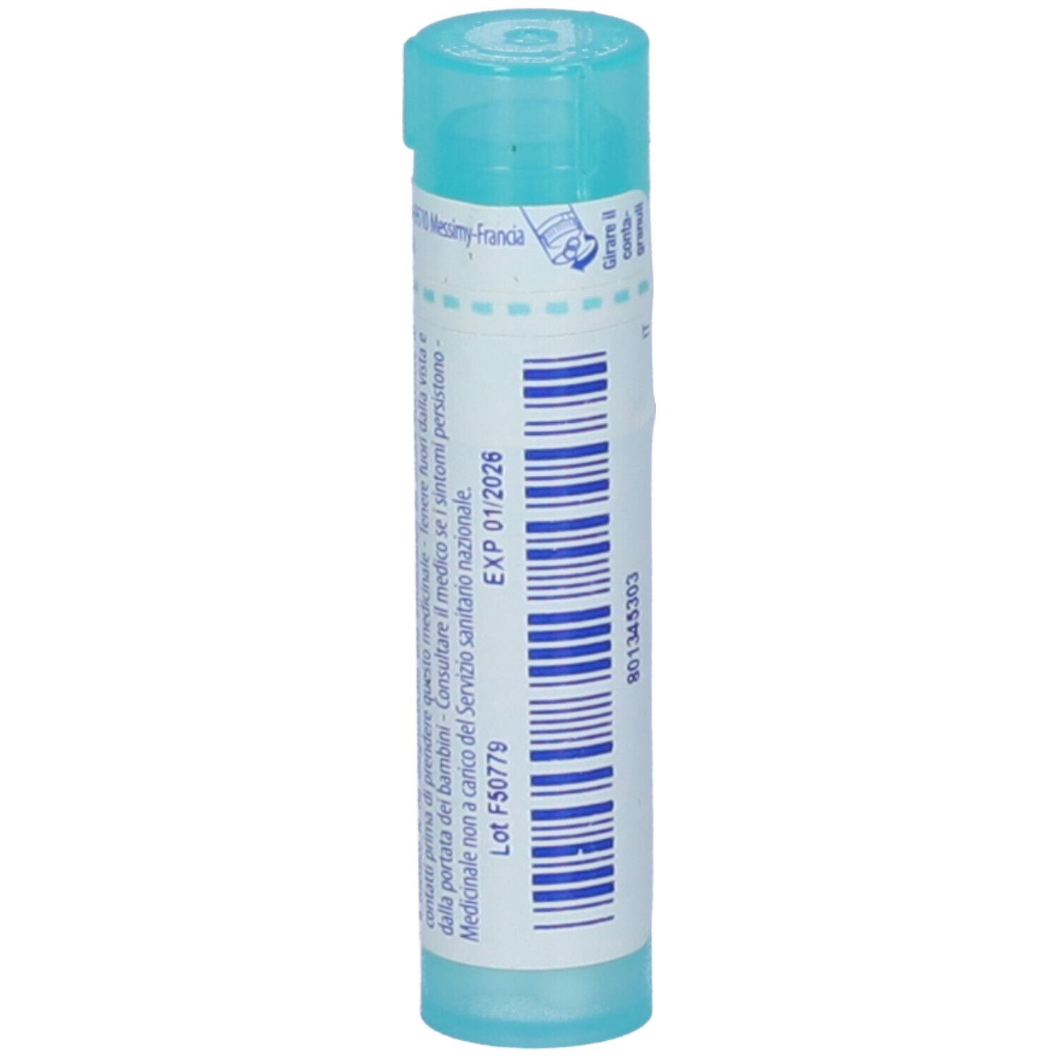 Confezione cilindrica con tappo blu. Scritta: Silicea 12 ch. Con data di scadenza.