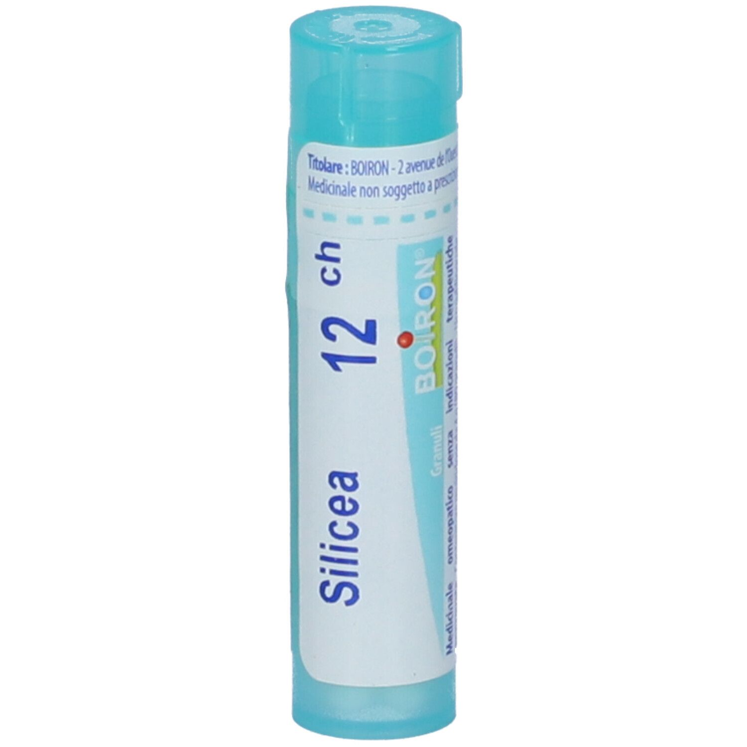 Confezione cilindrica con tappo blu. Scritta: Silicea 12 ch. Vista dettagliata dell'etichetta.