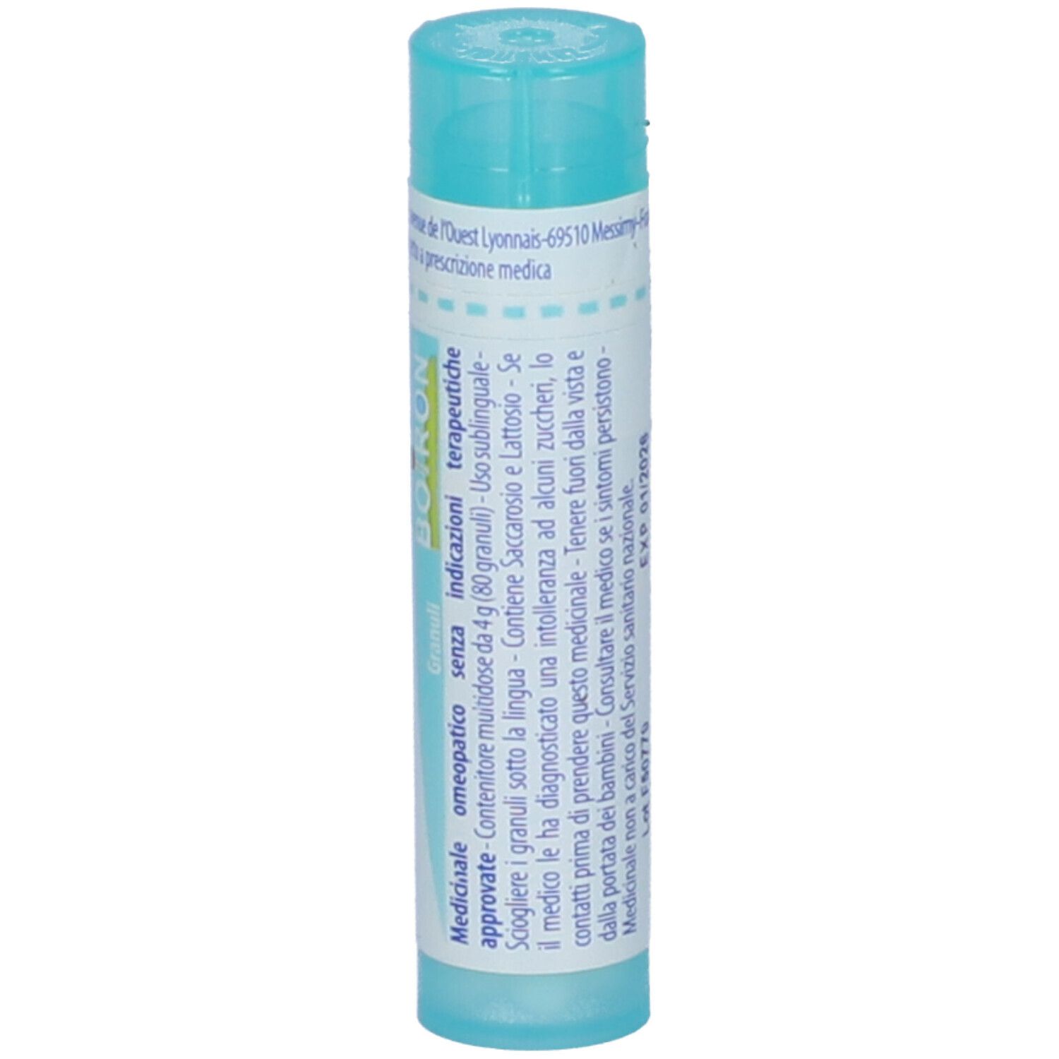 Confezione cilindrica con tappo blu. Scritta: Silicea 12 ch, BOIRON. Vista dettagliata.