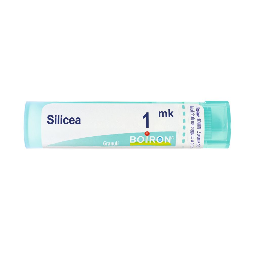 Confezione cilindrica con scritta Silicea 1 mk Granuli e logo Boiron. Tappo turchese.