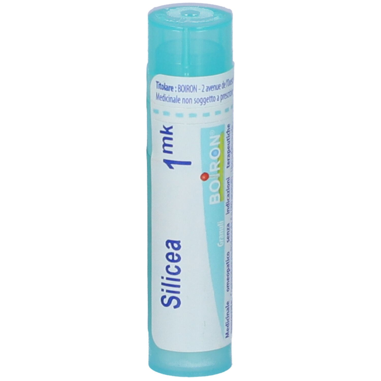 Confezione cilindrica con scritta Silicea 1 mk e logo Boiron. Tappo turchese.