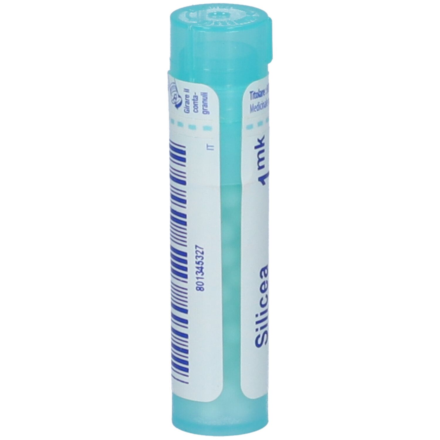 Confezione cilindrica con scritta Silicea 1 mk. Tappo turchese. Codice a barre e altre informazioni.