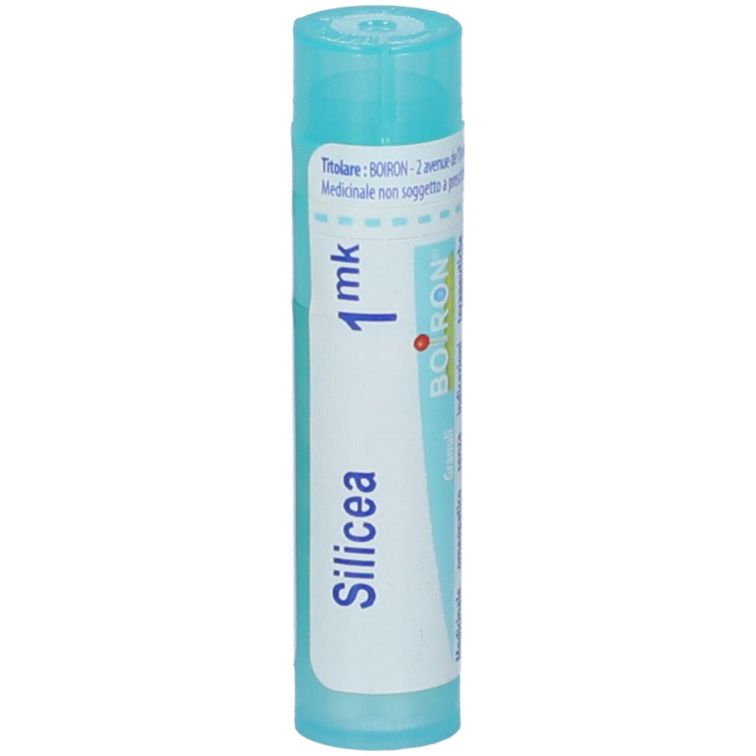Confezione cilindrica con scritta Silicea 1 mk e logo Boiron. Tappo turchese.
