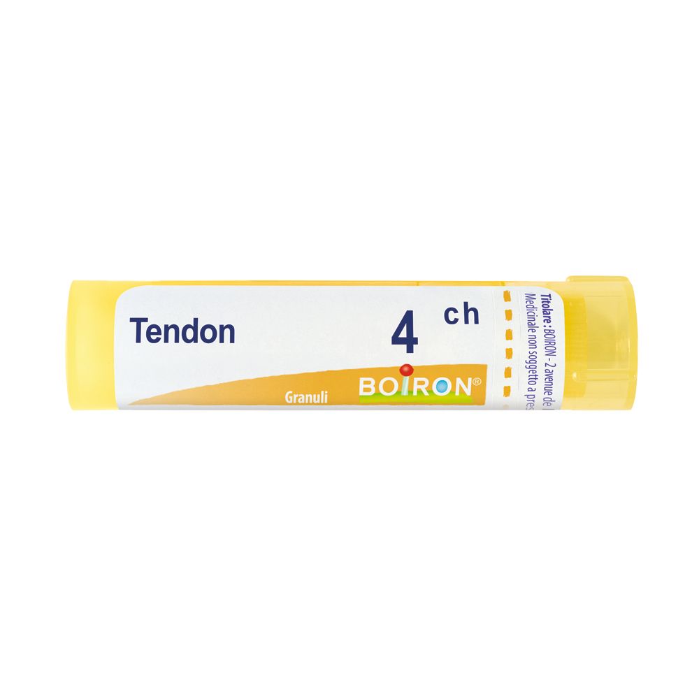 Confezione cilindrica gialla. Scritta: Tendon, 4 ch, BOIRON, Granuli. Testo: Médicament non soumis à prescription.