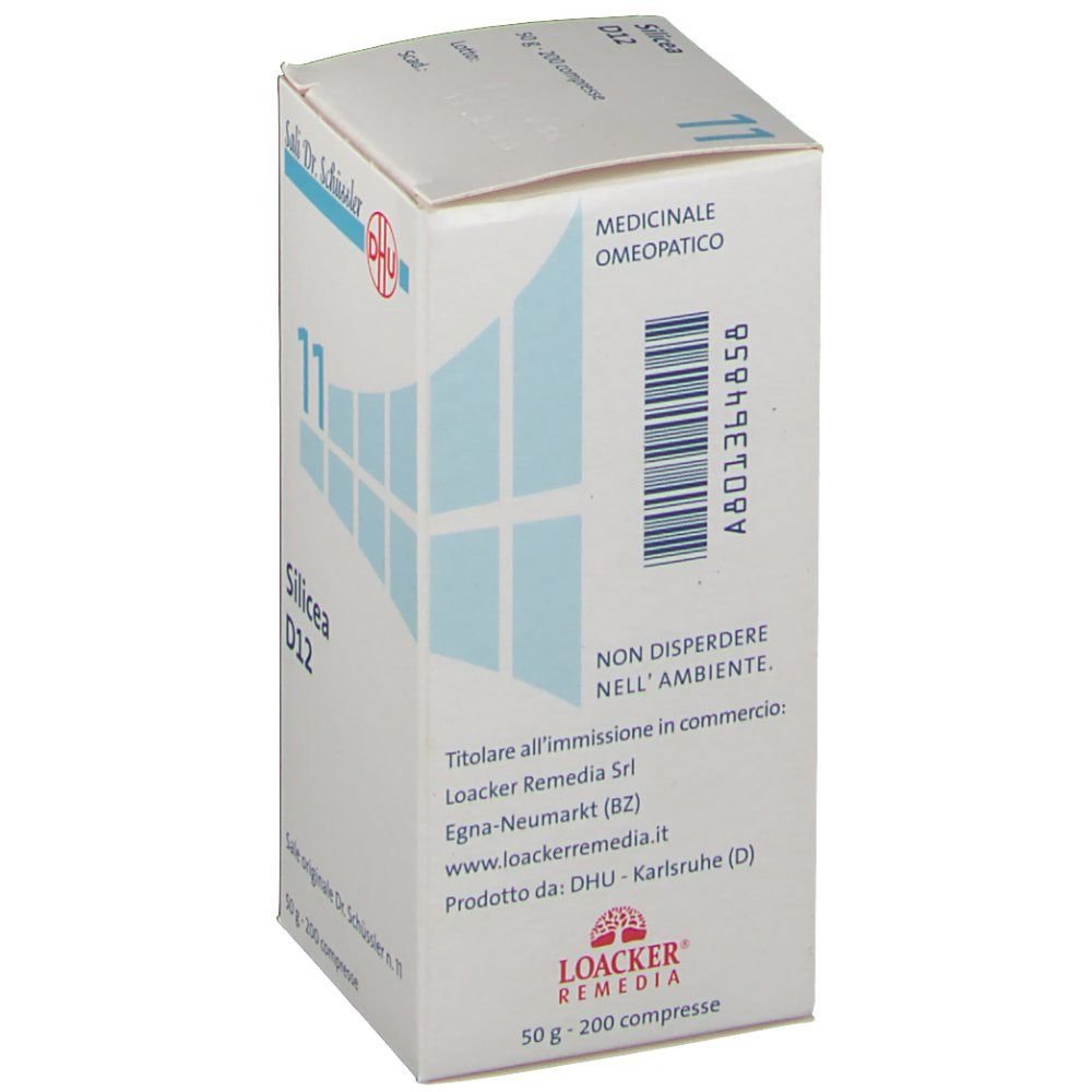 Scatola bianca con scritta blu '11 Silicea D12'. Logo e testo in italiano. Logo 'Loacker Remedia'.