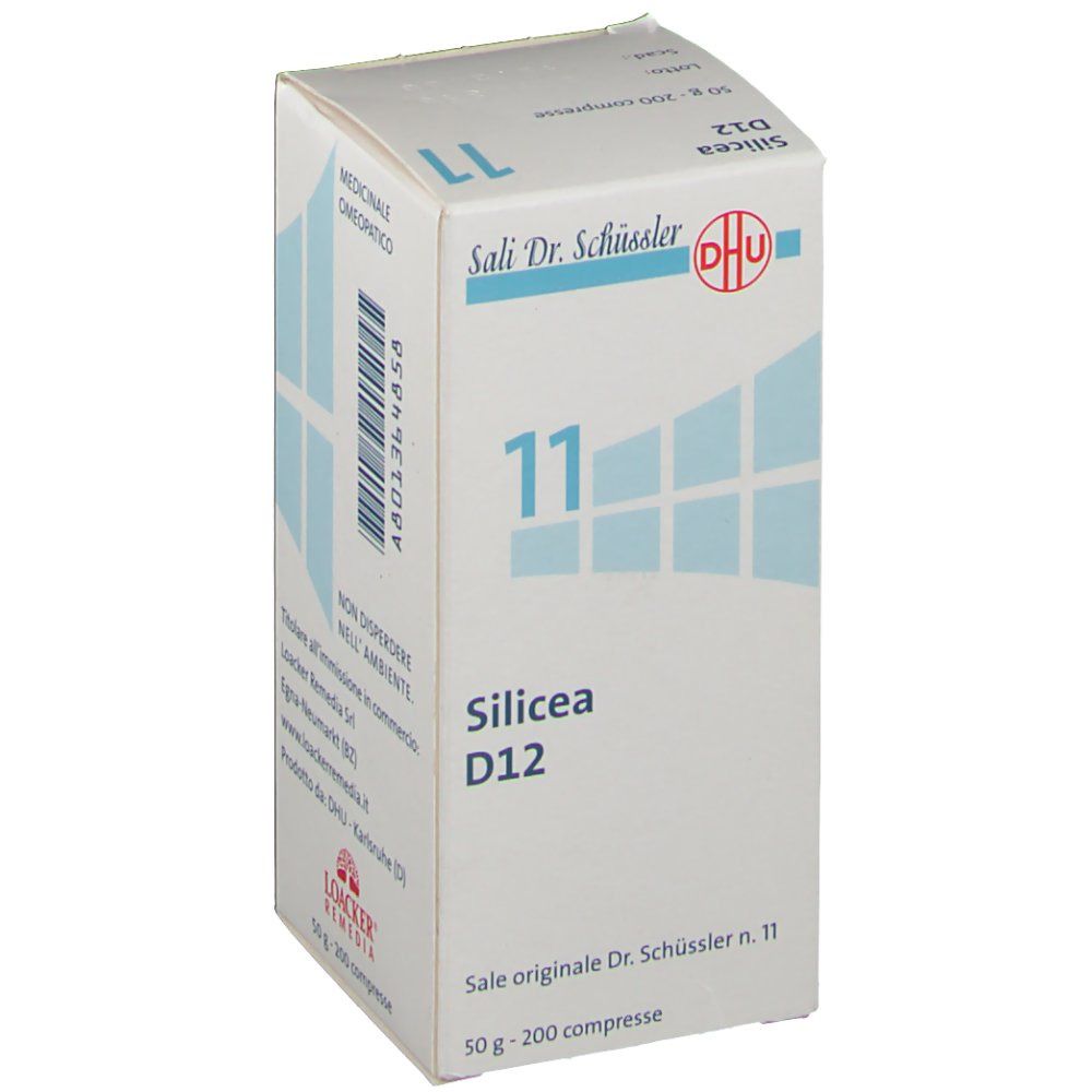 Scatola bianca con scritta blu '11 Silicea D12'. Logo e testo in italiano. Logo 'Loacker Remedia'.
