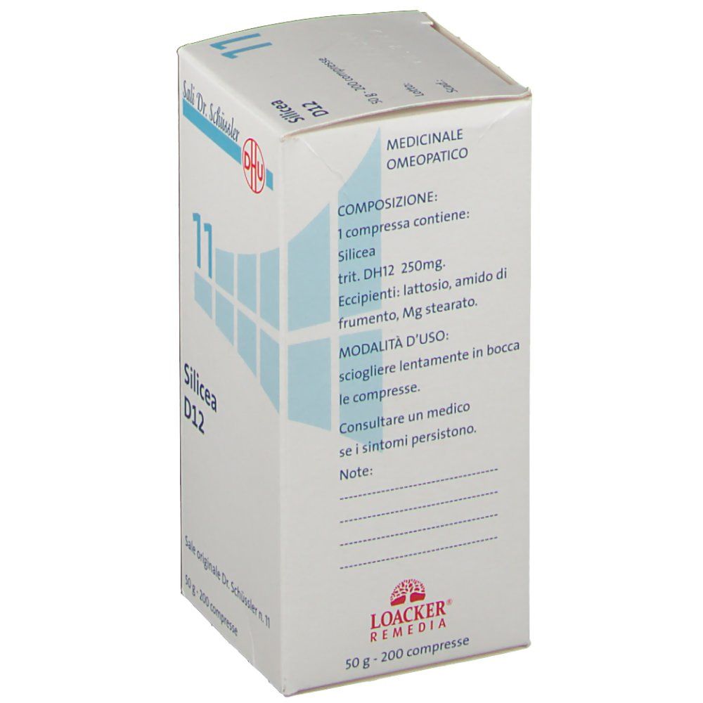 Scatola bianca con scritta blu '11 Silicea D12'. Testo in italiano. Logo 'Loacker Remedia'. Composizione.