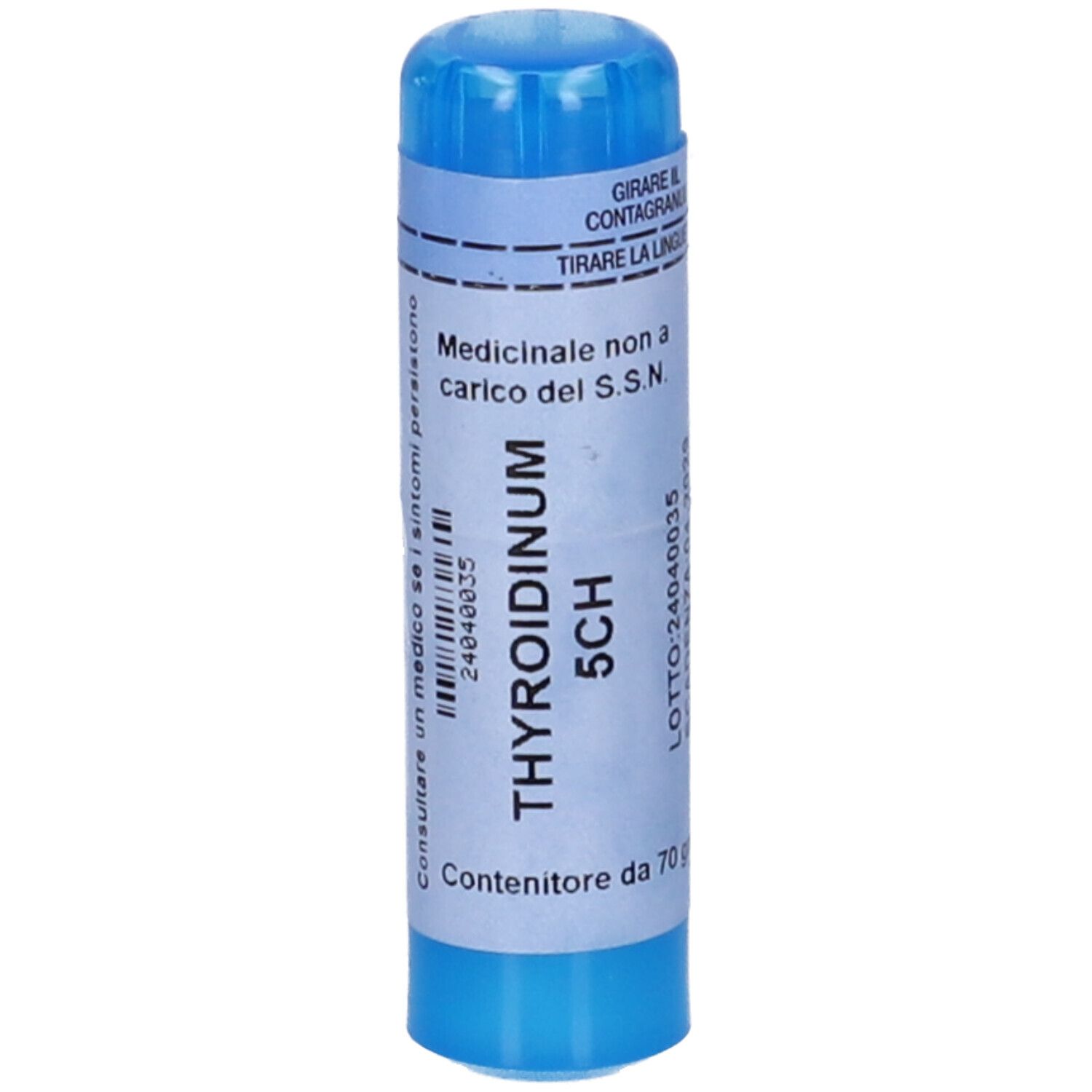 Contenitore cilindrico blu con etichetta bianca. Scritto: Thyroidinum 5CH. Contenuto: 70 granuli.