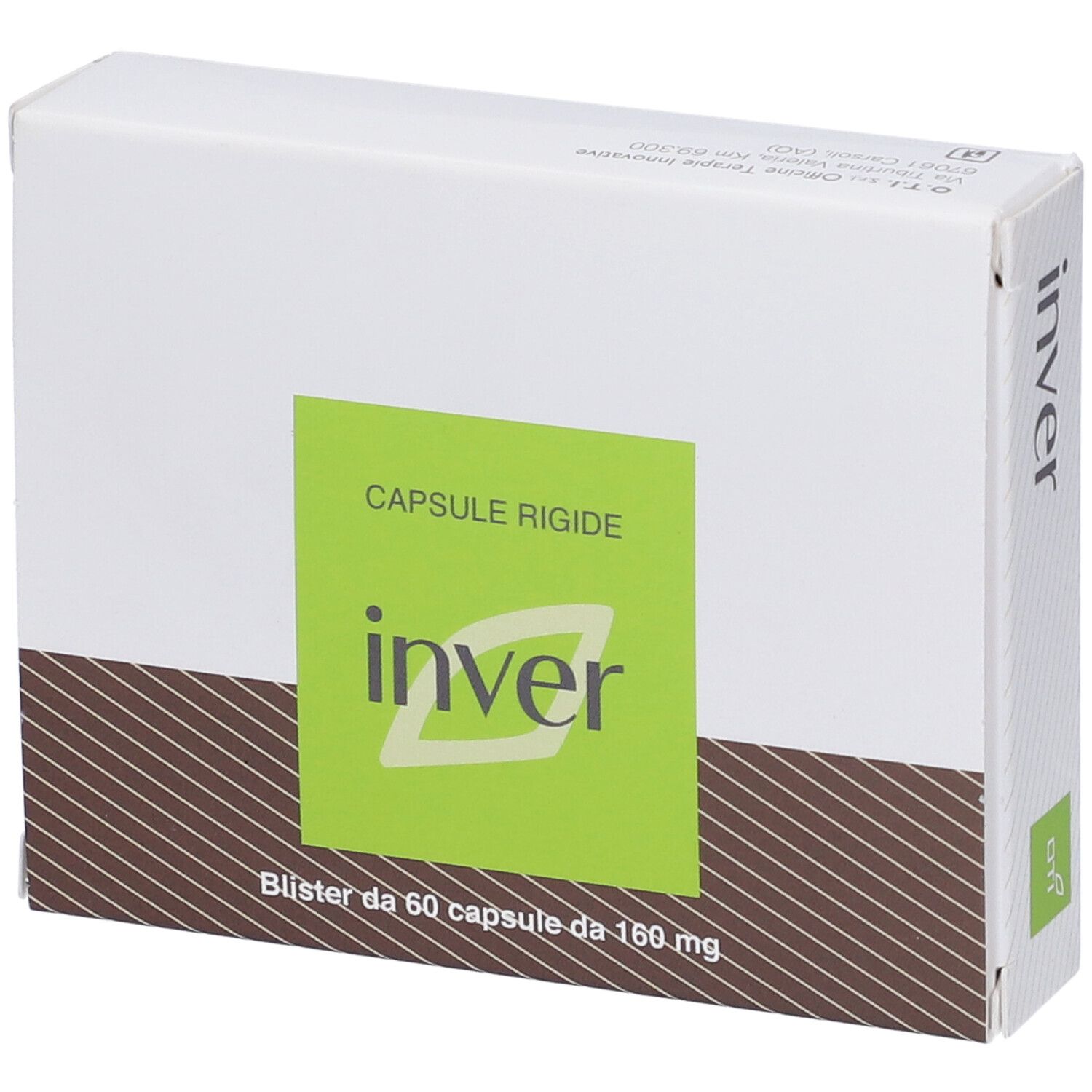 Scatola bianca con etichetta verde. Scritto: Inver, Capsule rigide. Blister da 60 capsule.