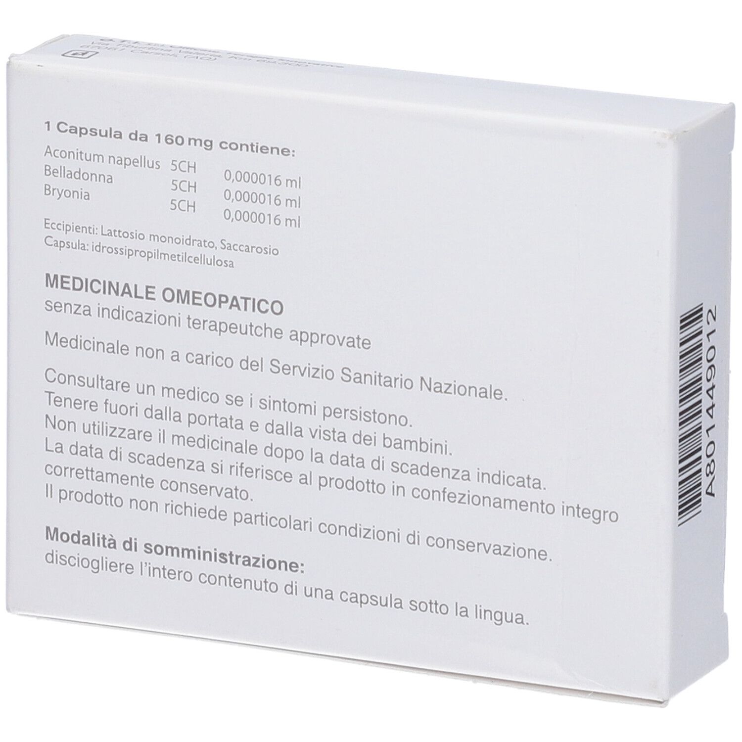 Scatola bianca, retro. Testo sugli ingredienti e le istruzioni per l'uso. Prodotto medico.
