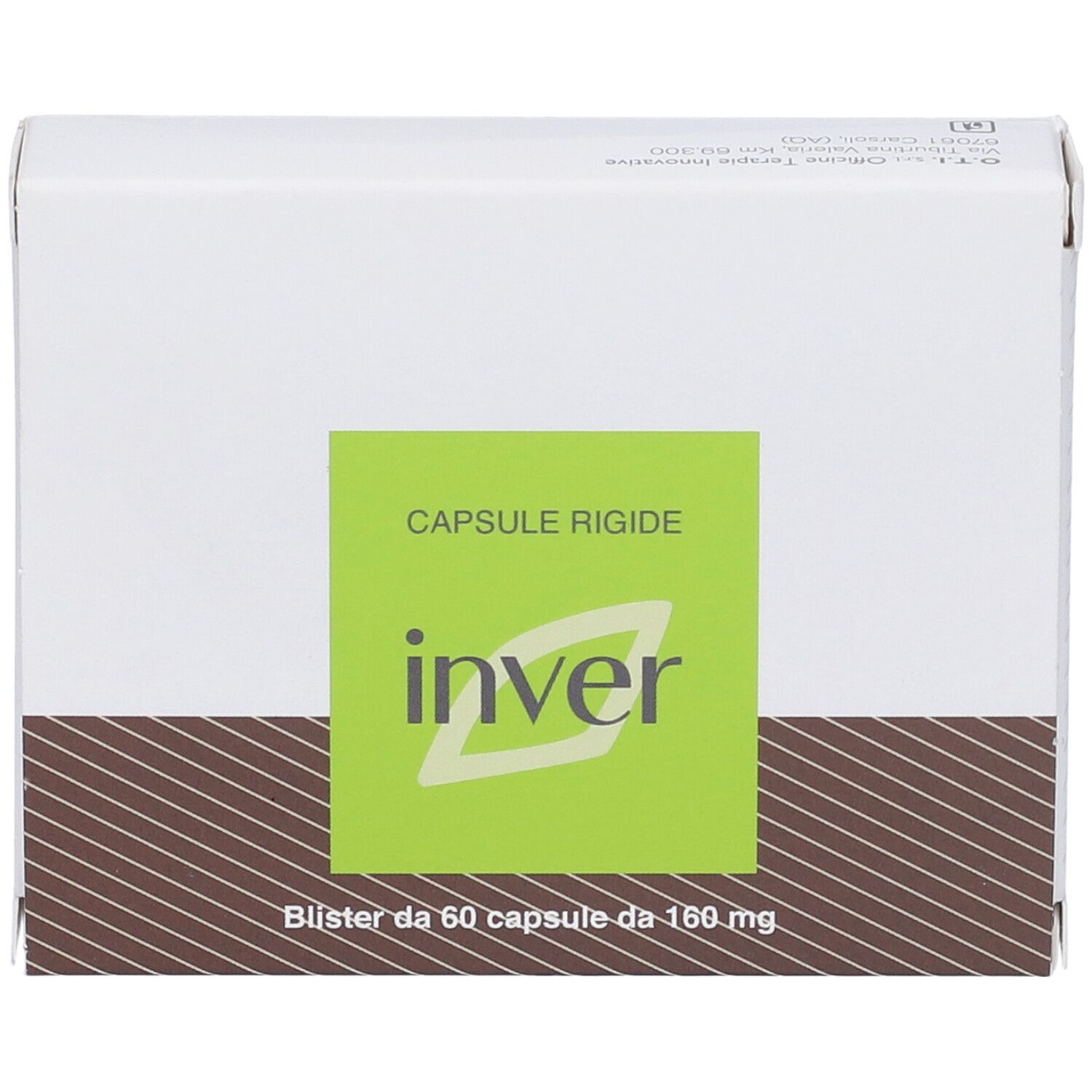 Scatola bianca con etichetta verde. Scritto: Inver, Capsule rigide. Blister da 60 capsule.