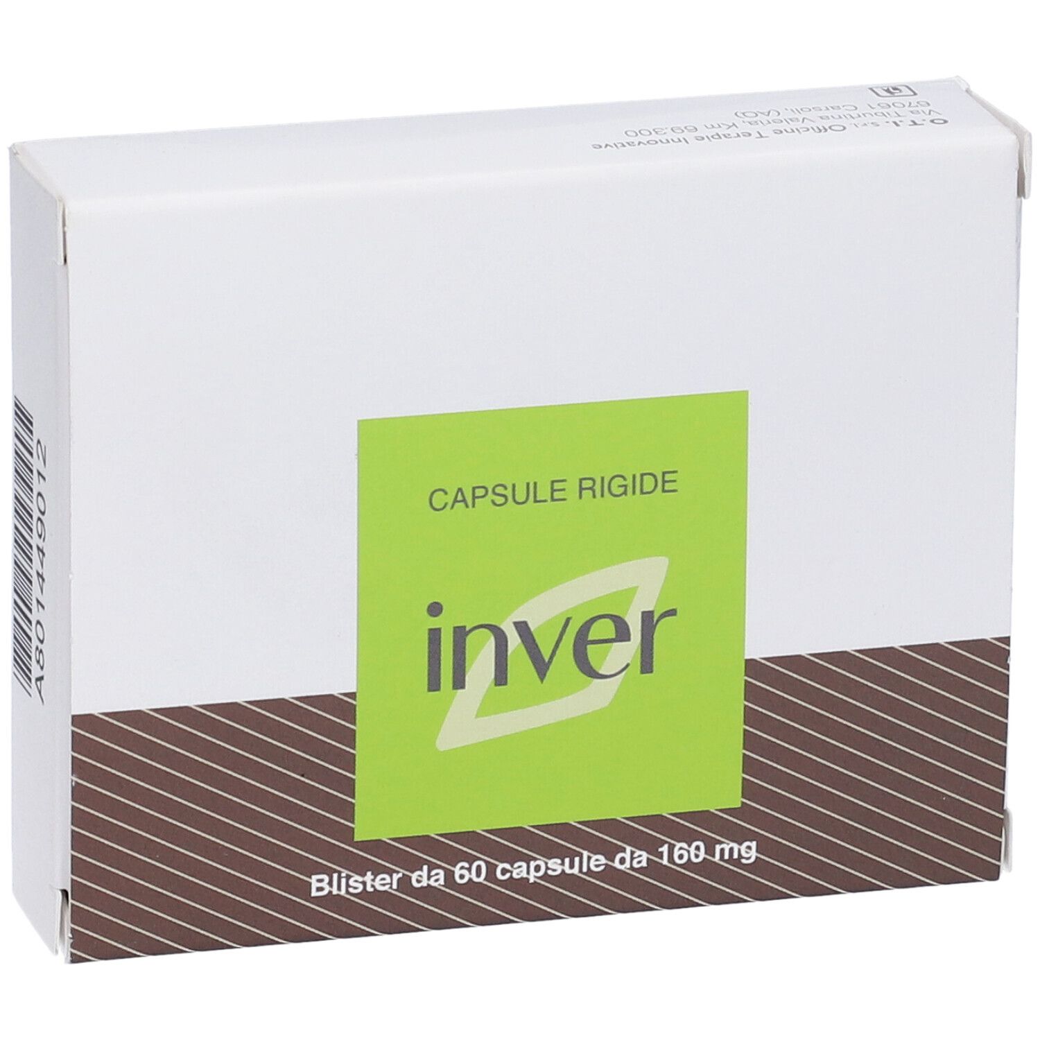Scatola bianca con etichetta verde. Scritto: Inver, Capsule rigide. Blister da 60 capsule.