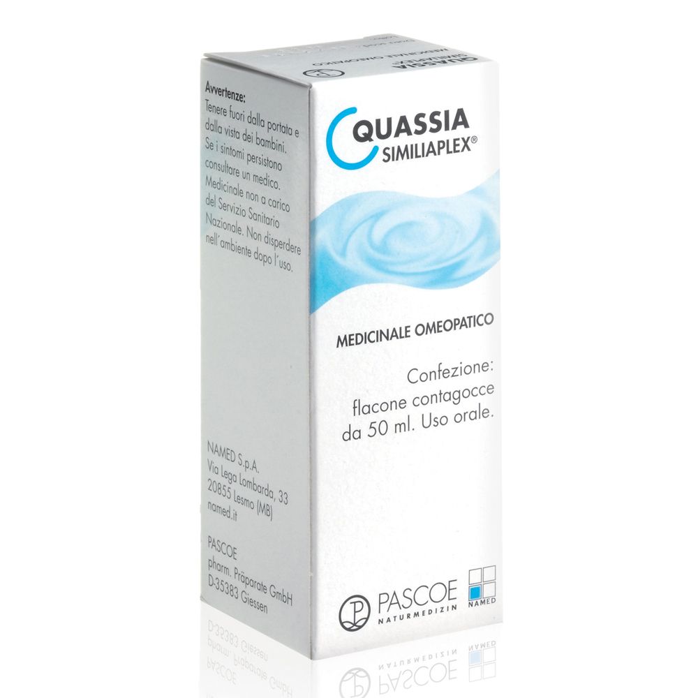 Confezione di Quassia Similiaplex. Scatola bianca con grafica blu e informazioni sul prodotto. Produttore: Pascoe Naturmedizin.