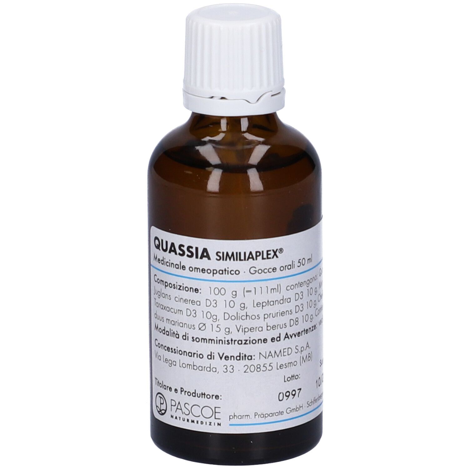 Flacone di vetro marrone con tappo bianco. Etichetta con nome del prodotto e ingredienti. Produttore: Pascoe Naturmedizin.