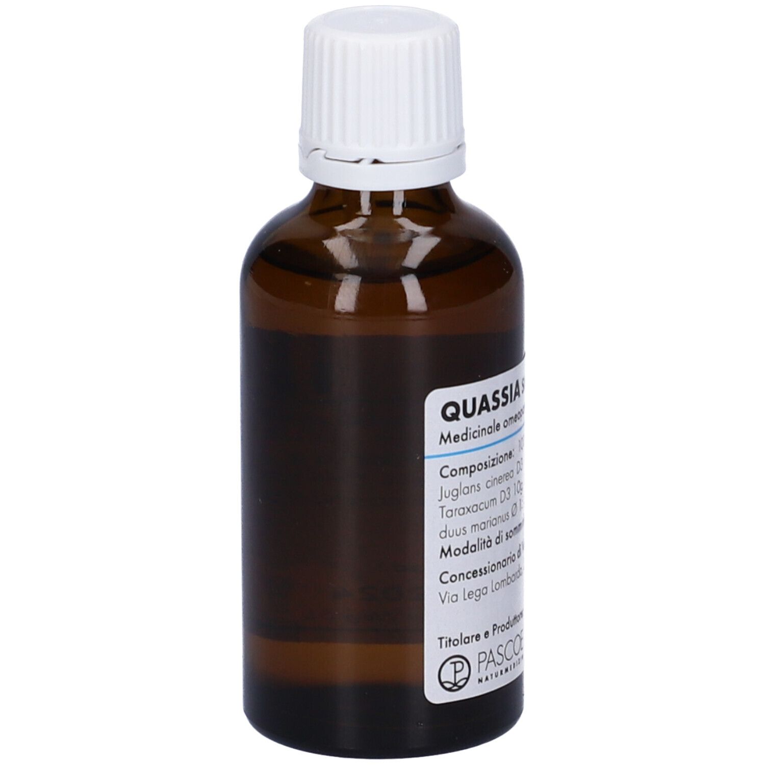 Flacone di vetro marrone con tappo bianco. Etichetta con informazioni sul prodotto. Produttore: Pascoe Naturmedizin.