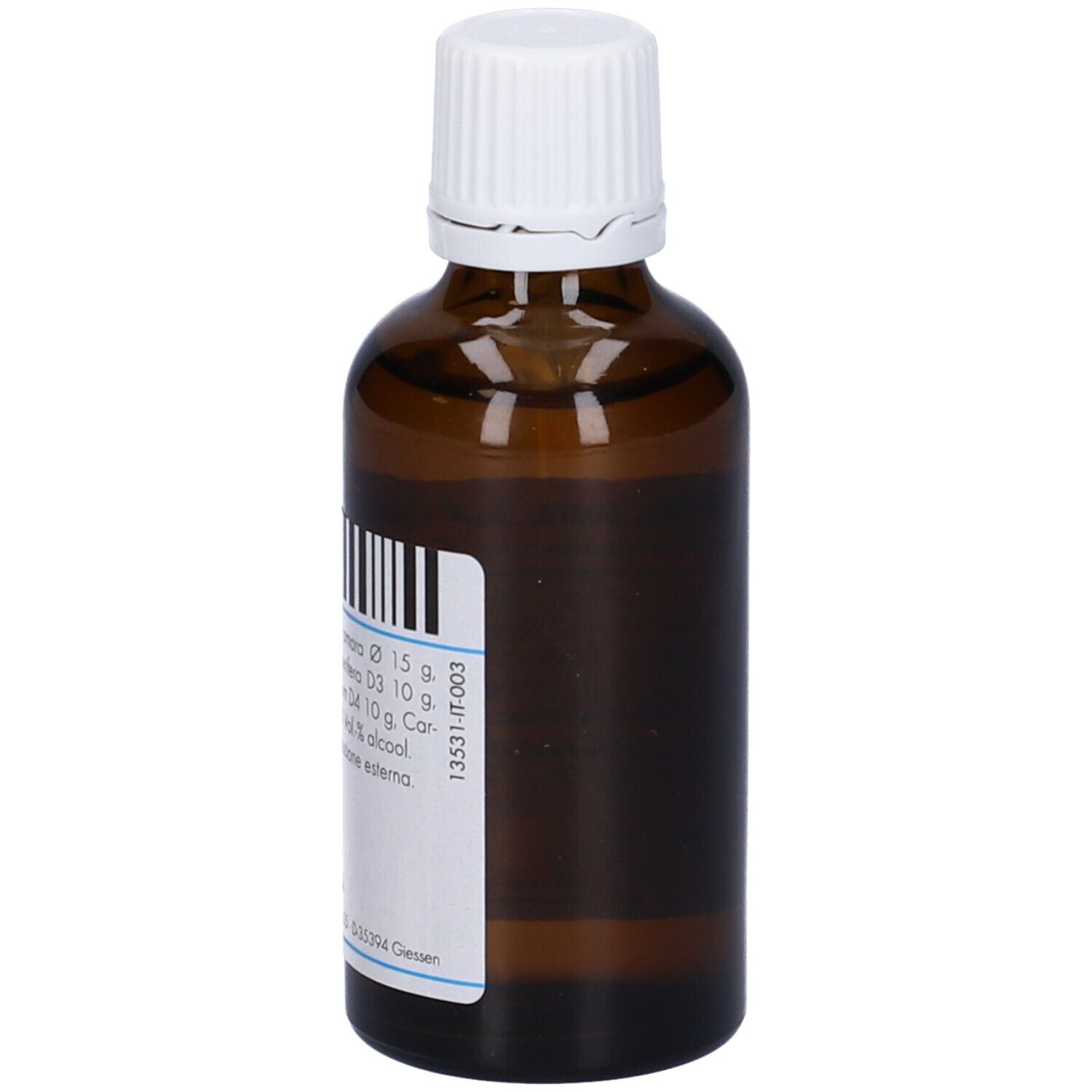 Flacone di vetro marrone con tappo bianco. Etichetta con codice a barre e informazioni sul prodotto. Produttore: Pascoe Naturmedizin.