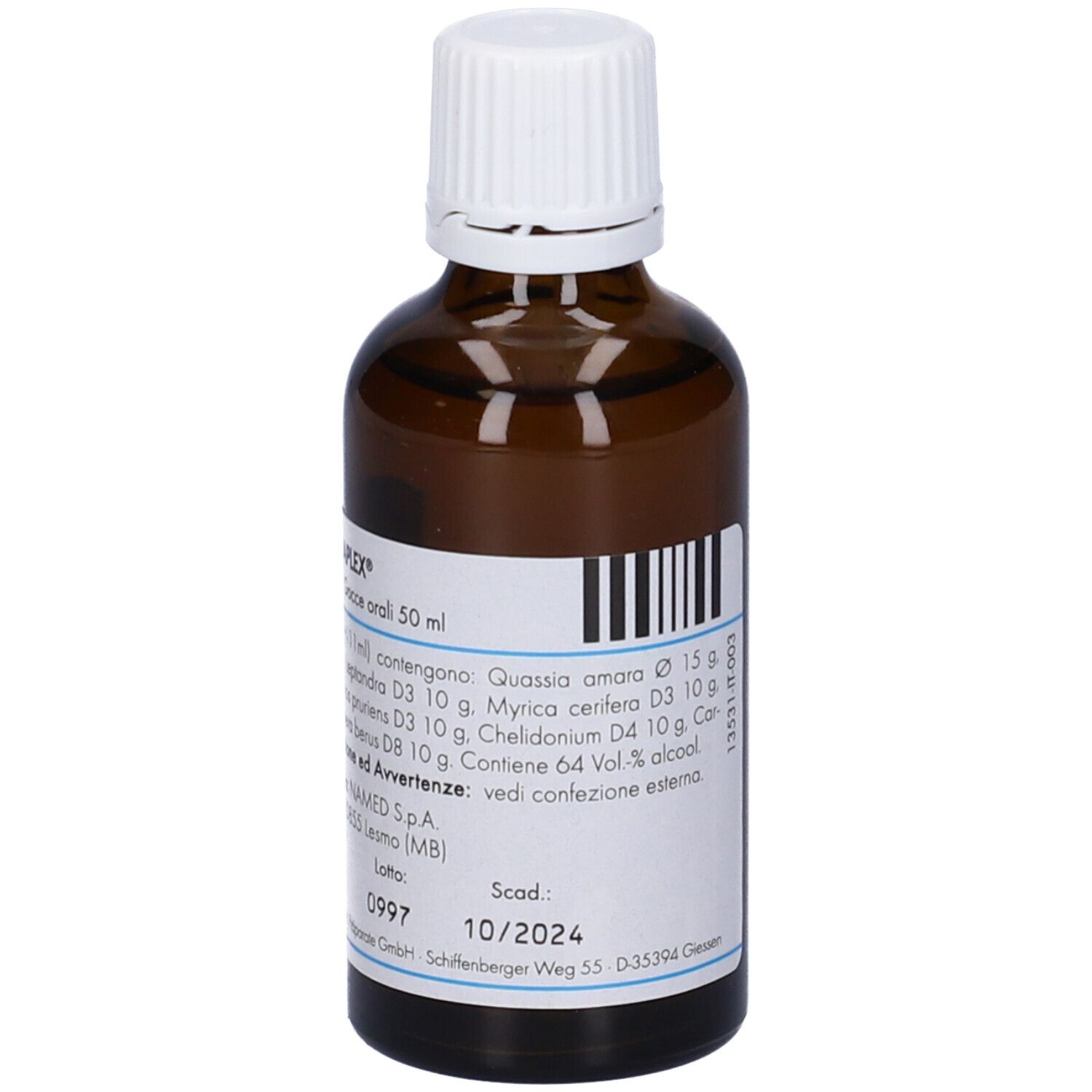Flacone di vetro marrone con tappo bianco. Etichetta con informazioni sul prodotto e data di scadenza. Produttore: Pascoe Naturmedizin.