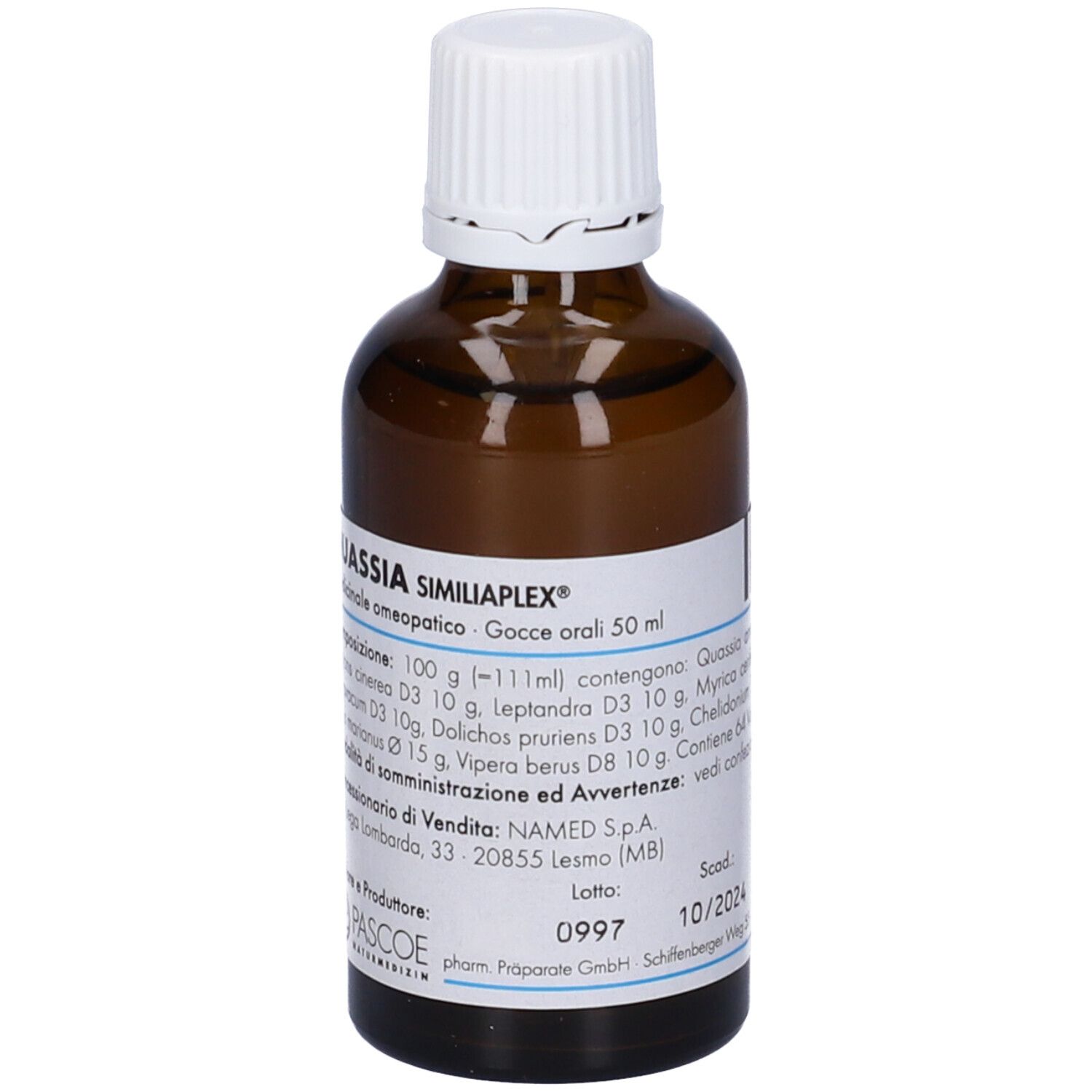 Flacone di vetro marrone con tappo bianco. Etichetta con informazioni sul prodotto e data di scadenza. Produttore: Pascoe Naturmedizin.