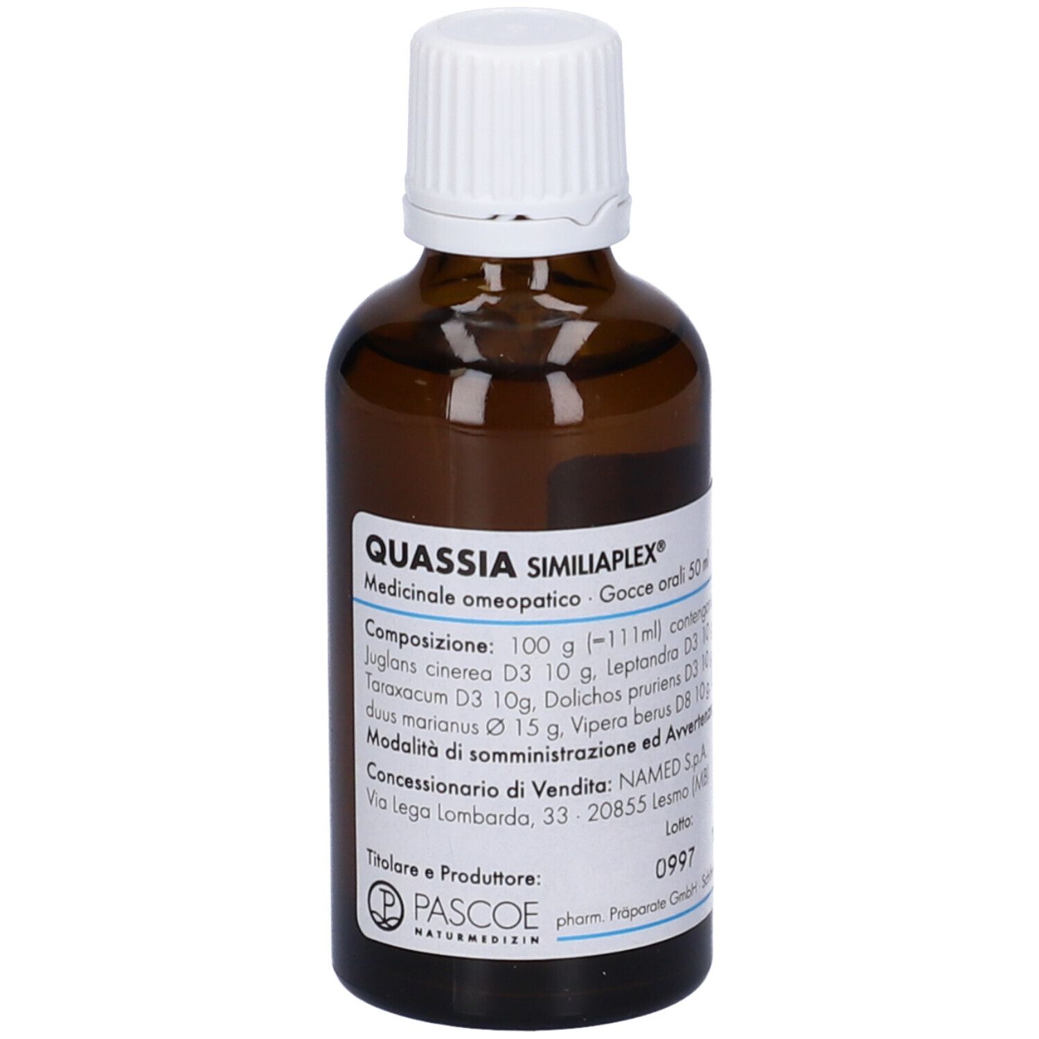 Flacone di vetro marrone con tappo bianco. Etichetta con informazioni sul prodotto. Produttore: Pascoe Naturmedizin.