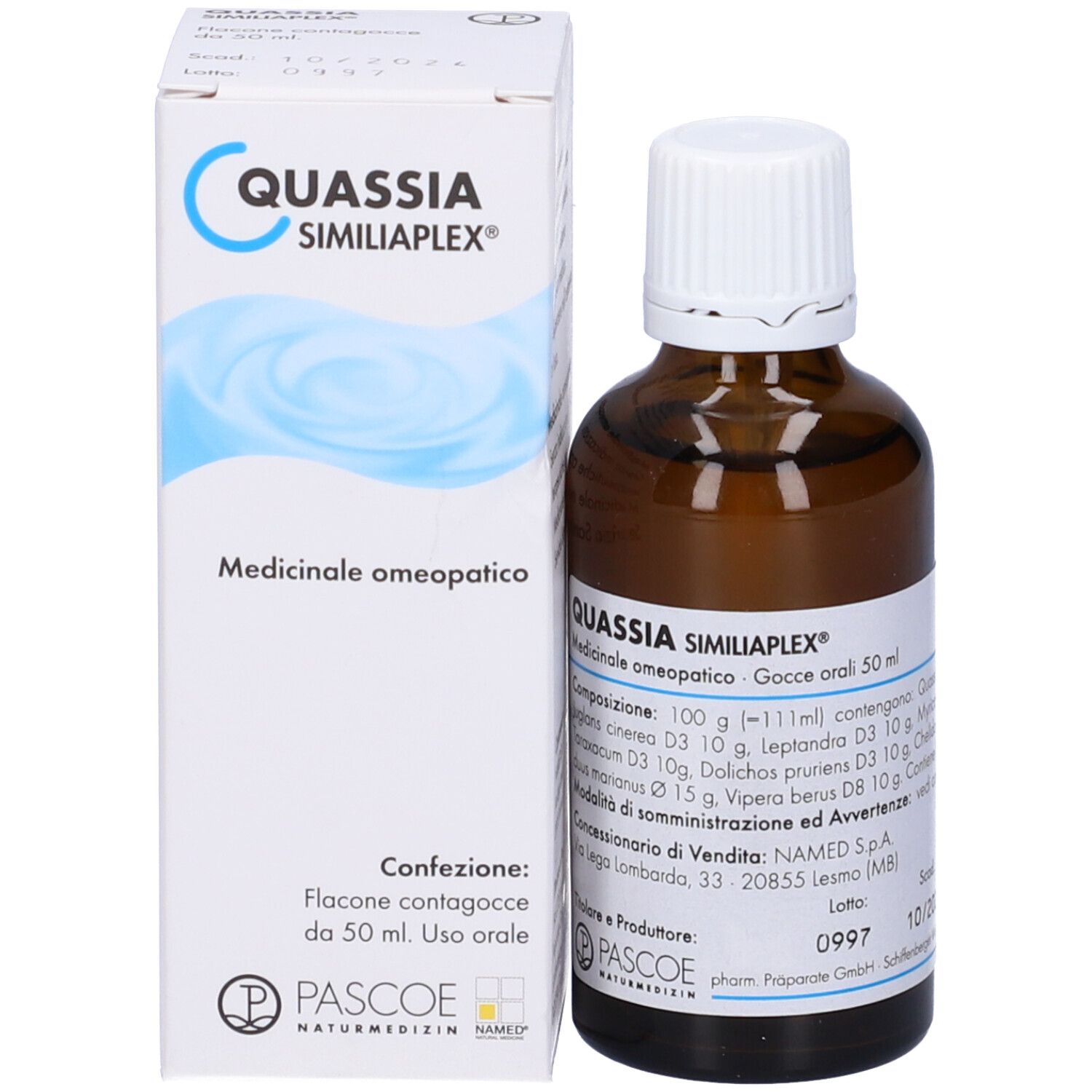 Flacone di vetro marrone con tappo bianco e confezione. Etichetta con informazioni sul prodotto. Produttore: Pascoe Naturmedizin.