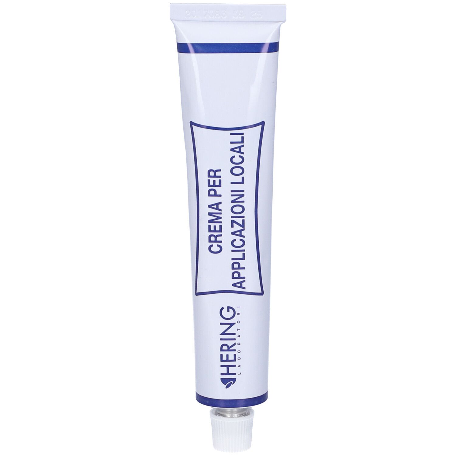 Tubo bianco con striscia blu e scritta CREMA PER APPLICAZIONI LOCALI. Logo Hering.