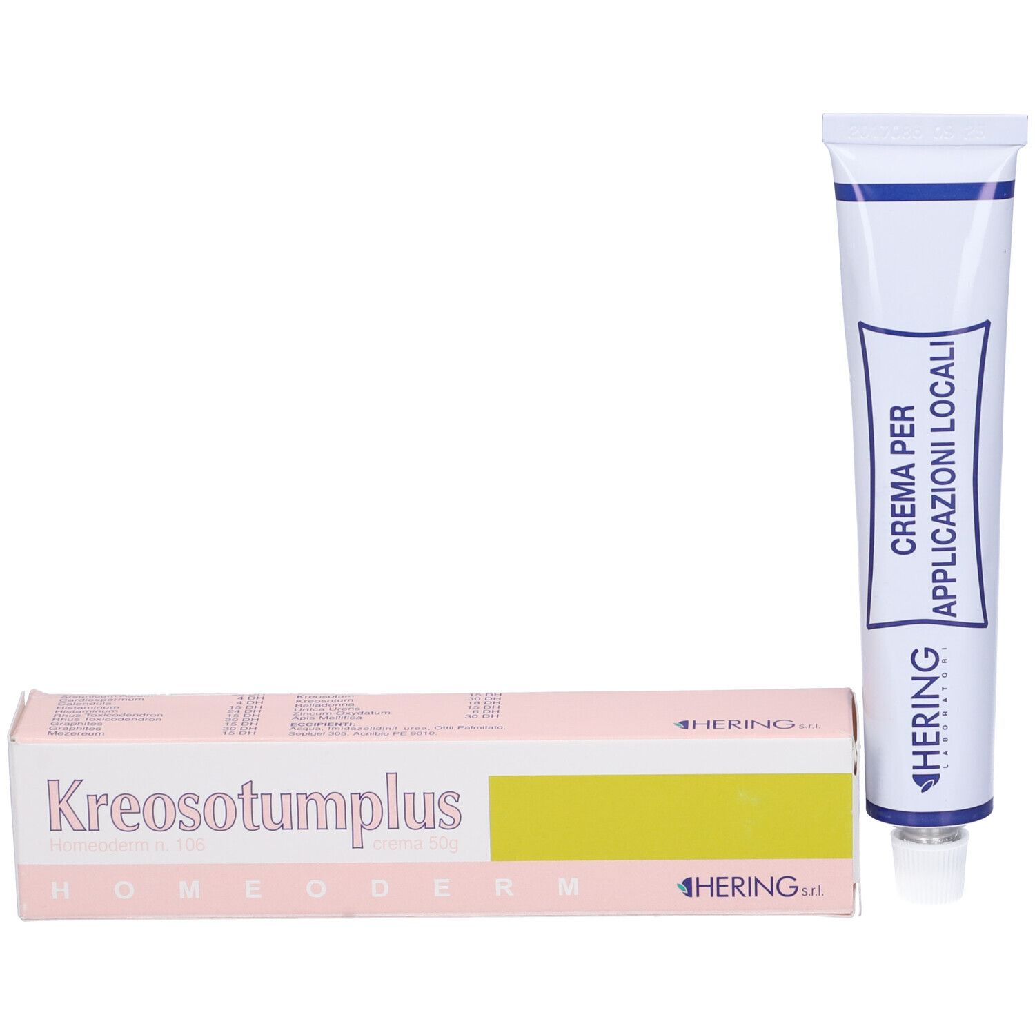Scatola di crema e tubo. Scatola con scritta Kreosotumplus e logo Hering. Tubo con testo blu.
