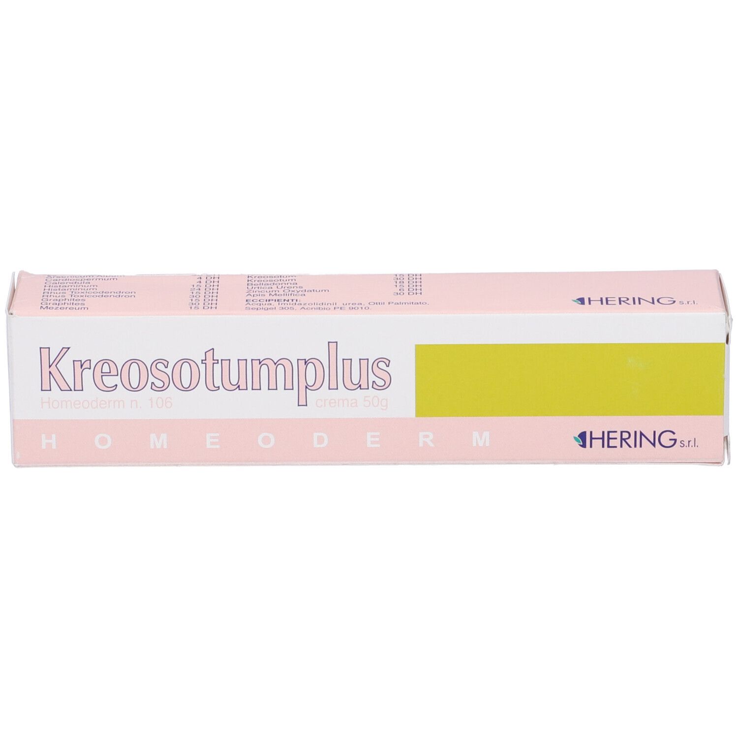 Scatola di crema con scritta Kreosotumplus e logo Hering. Striscia gialla sulla confezione.