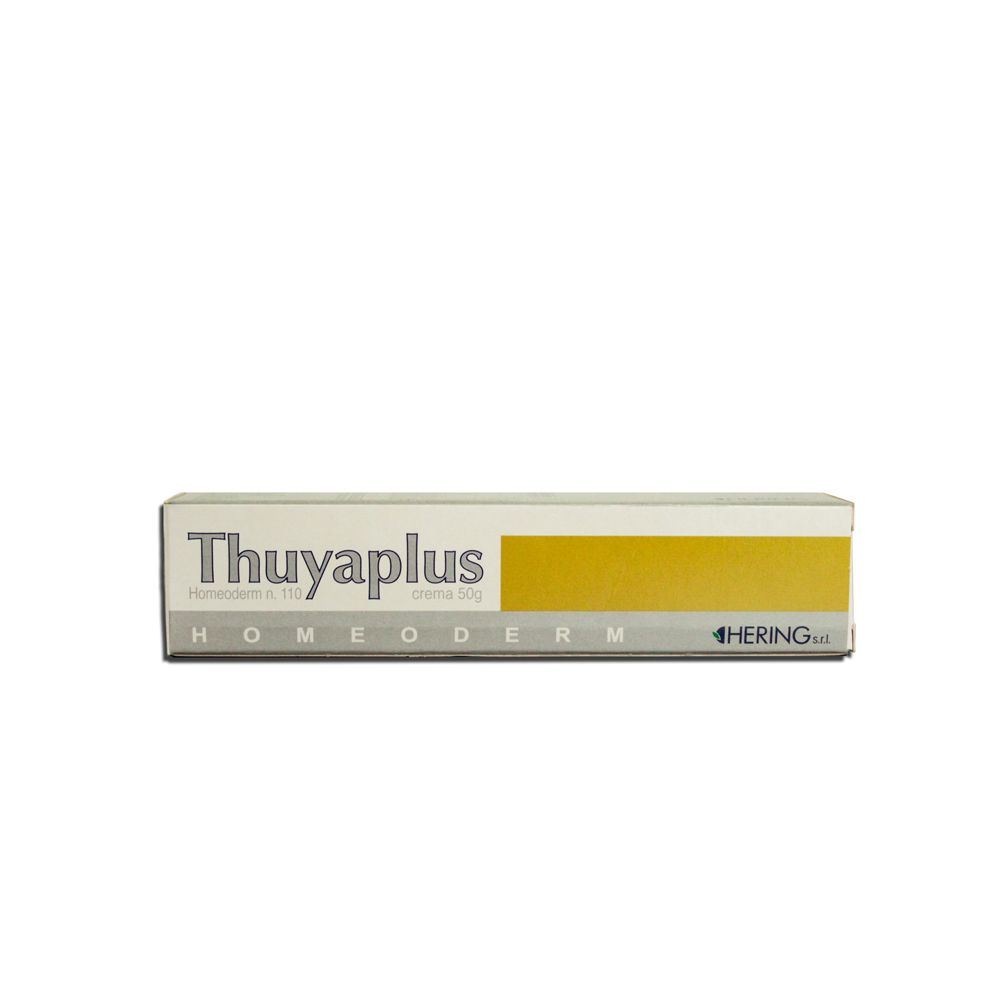 Scatola con nome prodotto Thuyaplus, Homeoderm, crema 50g. Striscia gialla. Marchio Hering.