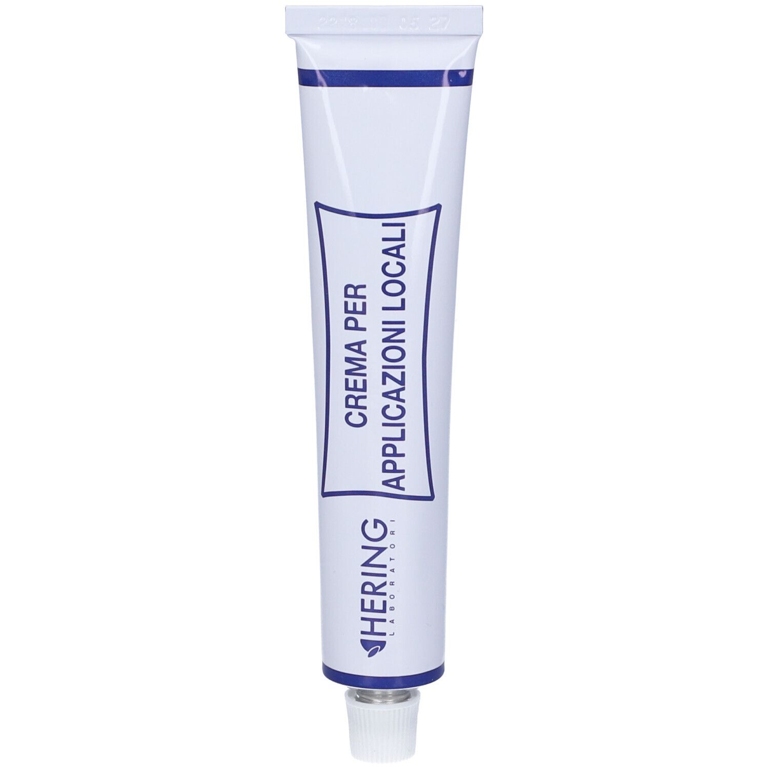 Tubo di crema. Bianco con striscia blu. Testo: Crema per Applicazioni Locali. Marchio Hering.
