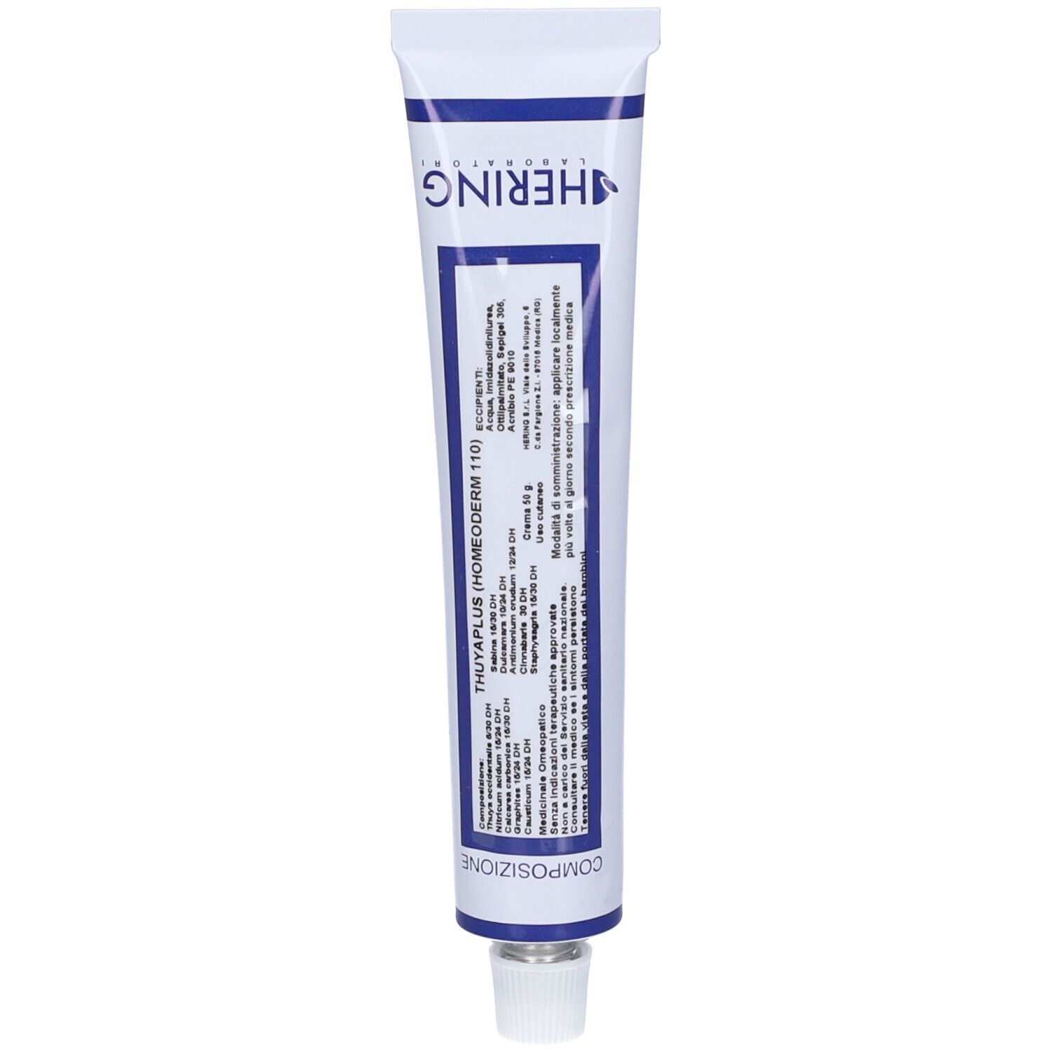Tubo di crema. Bianco con striscia blu. Testo: Thuyaplus (Homeoderm n. 110) Composizione. Marchio Hering.