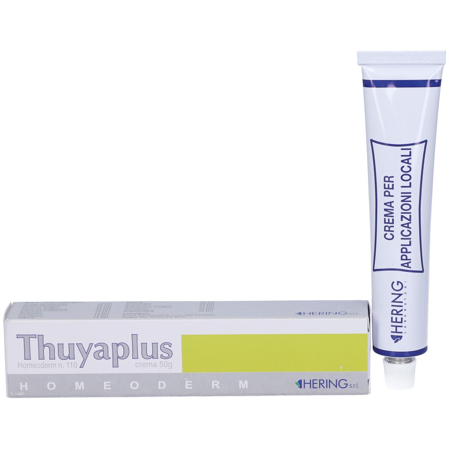 Scatola e tubo. Scatola: Thuyaplus, Homeoderm, crema 50g. Tubo: Crema per Applicazioni Locali. Marchio Hering.