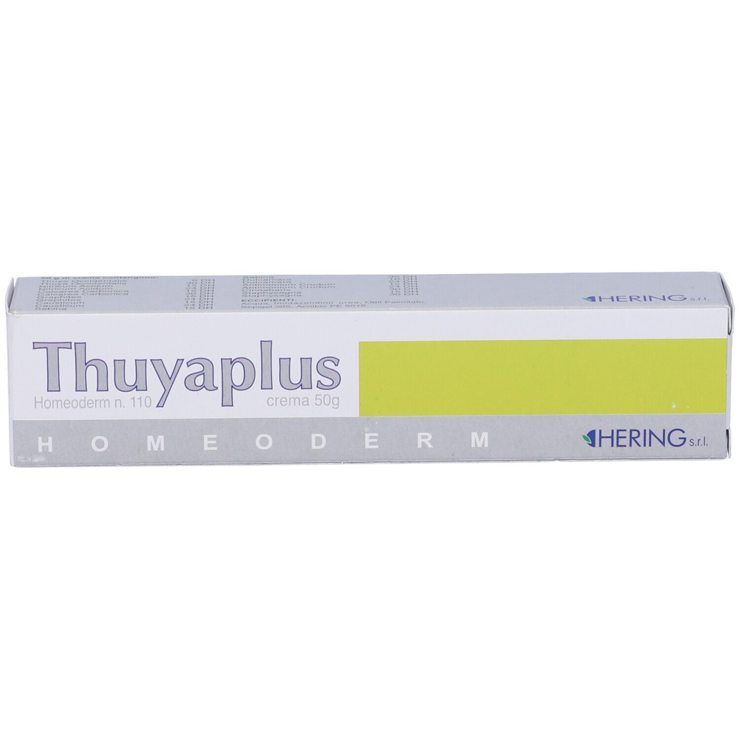 Scatola con nome prodotto Thuyaplus, Homeoderm, crema 50g. Striscia gialla. Marchio Hering.