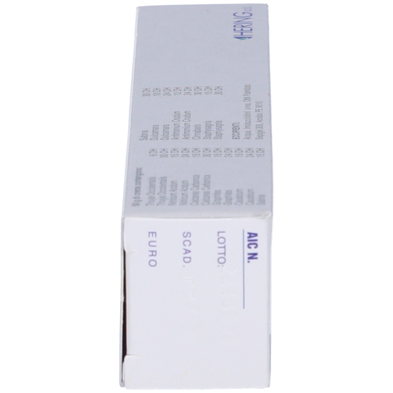 Scatola, vista laterale. Testo: Ingredienti, Euro, Scad., Lotto, AIC N.