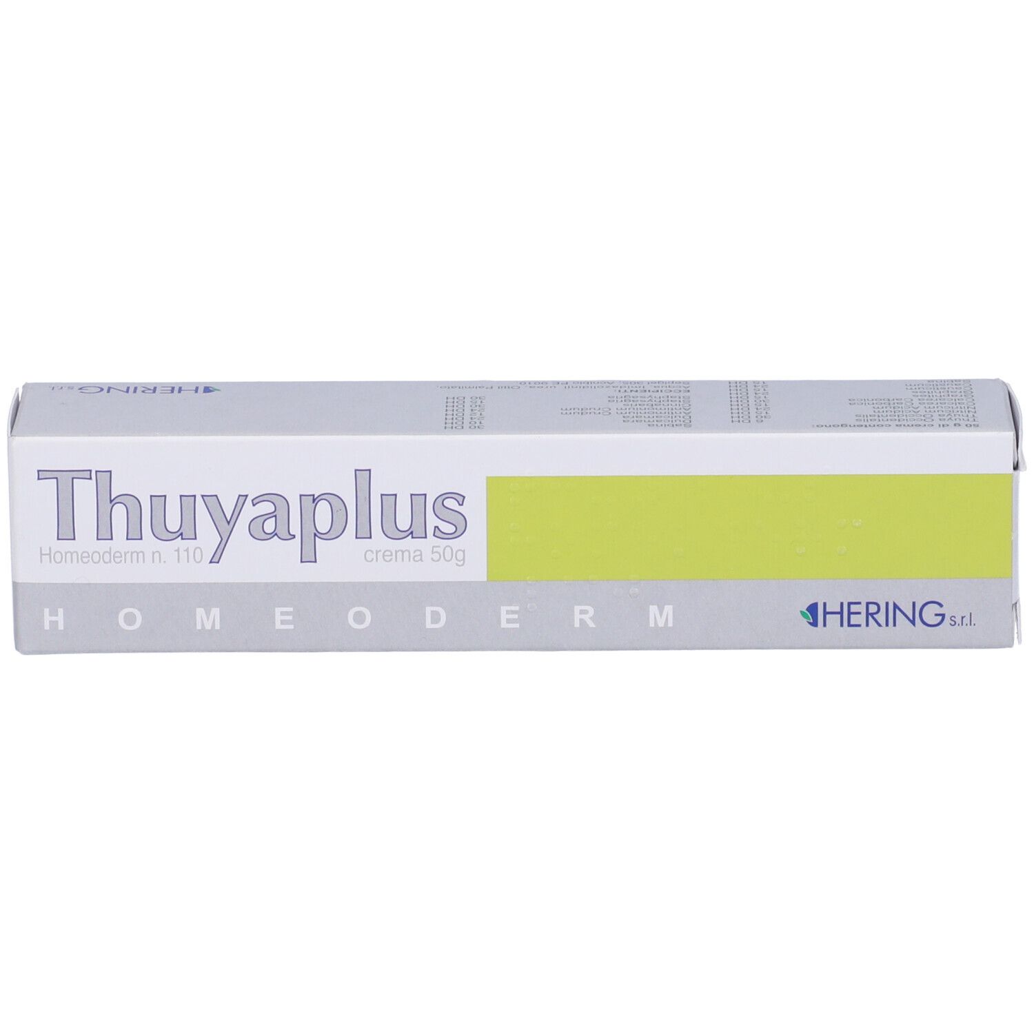Scatola con nome prodotto Thuyaplus, Homeoderm, crema 50g. Striscia gialla. Marchio Hering.