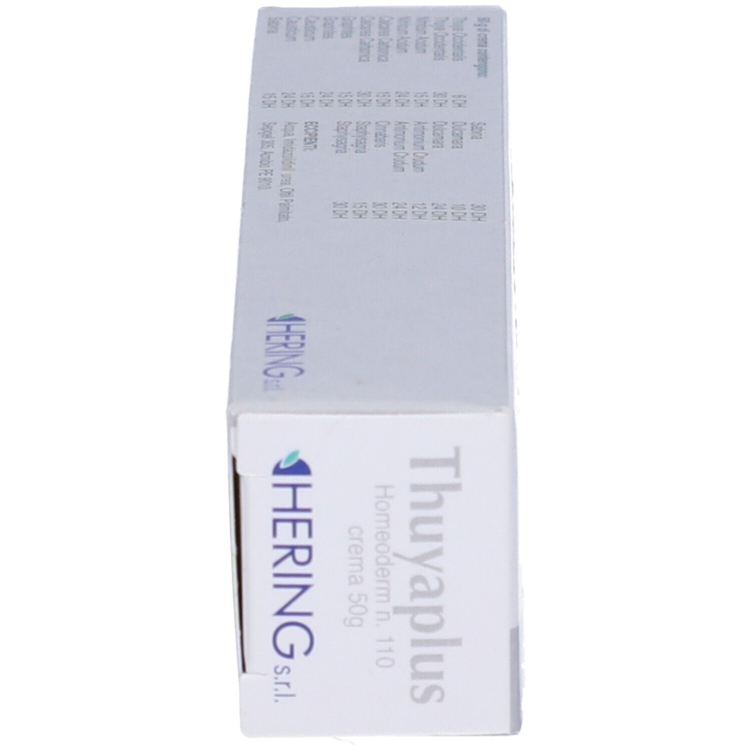 Scatola, vista laterale. Testo: Thuyaplus, Homeoderm, crema 50g. Marchio Hering s.r.l.