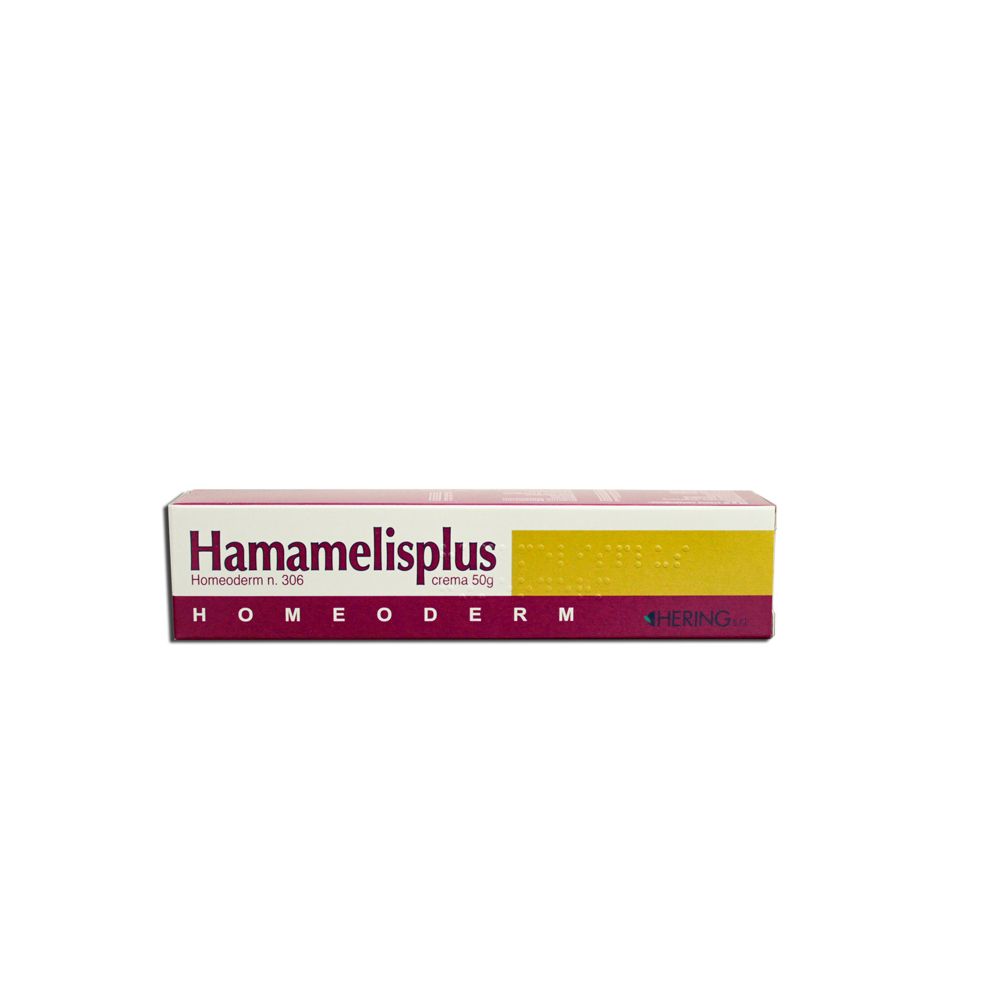 Scatola con nome Hamamelisplus. Testo: Homeoderm, crema 50g. Logo Hering.