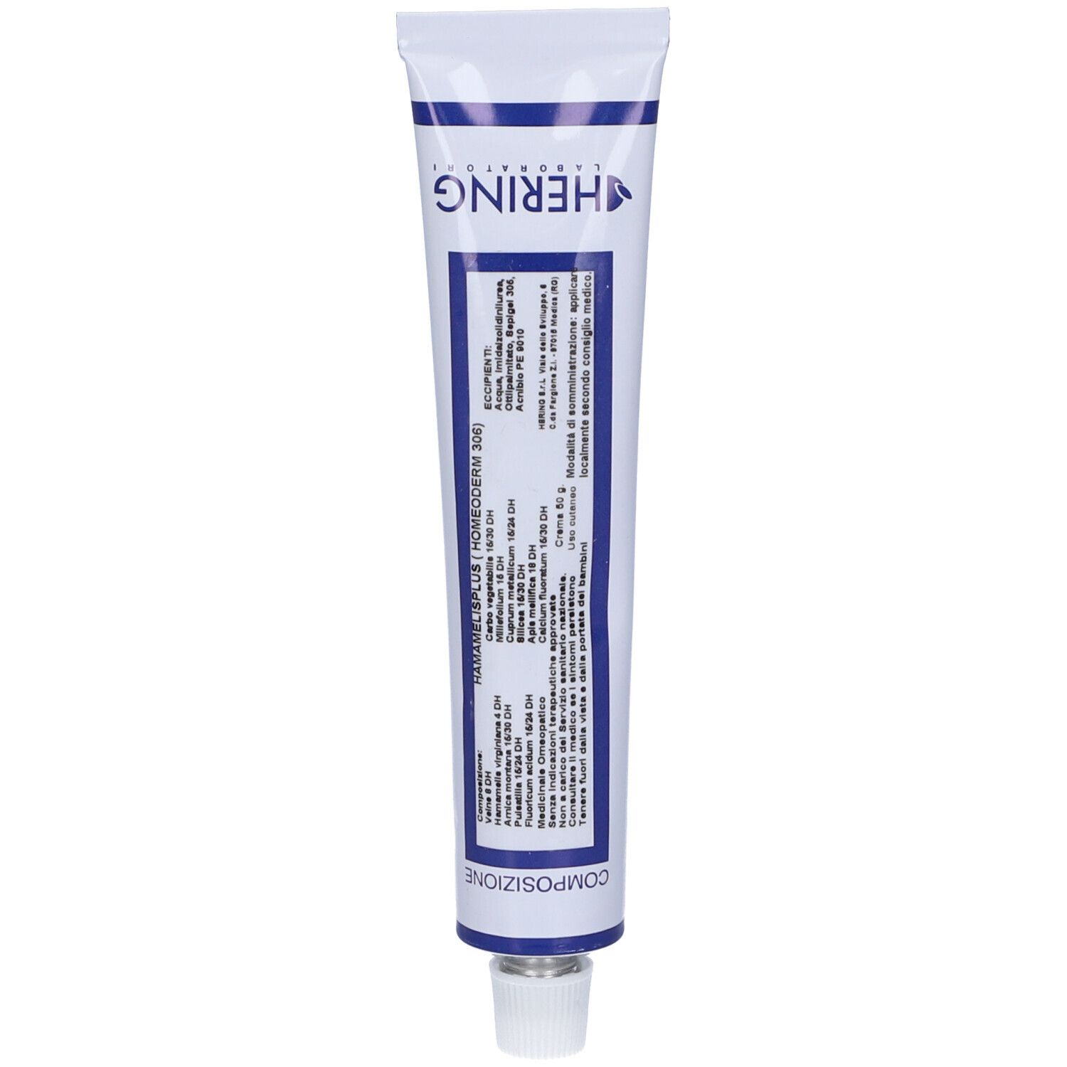 Tubo di crema. Testo: Hamamelisplus Homeoderm. Logo Hering. Composizione e informazioni.