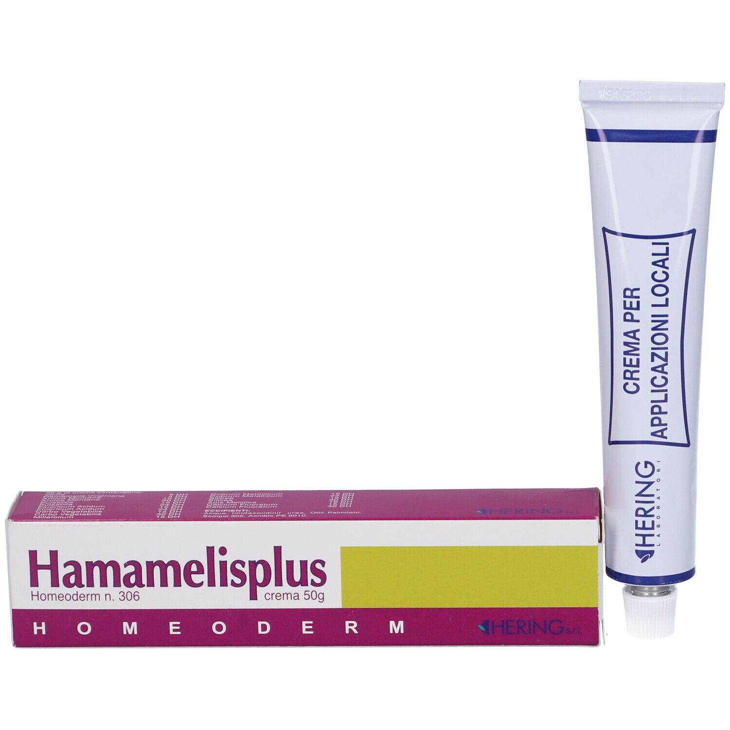 Scatola e tubo. Scatola: Hamamelisplus, Homeoderm, crema 50g. Tubo: Crema per Applicazioni Locali. Logo Hering.