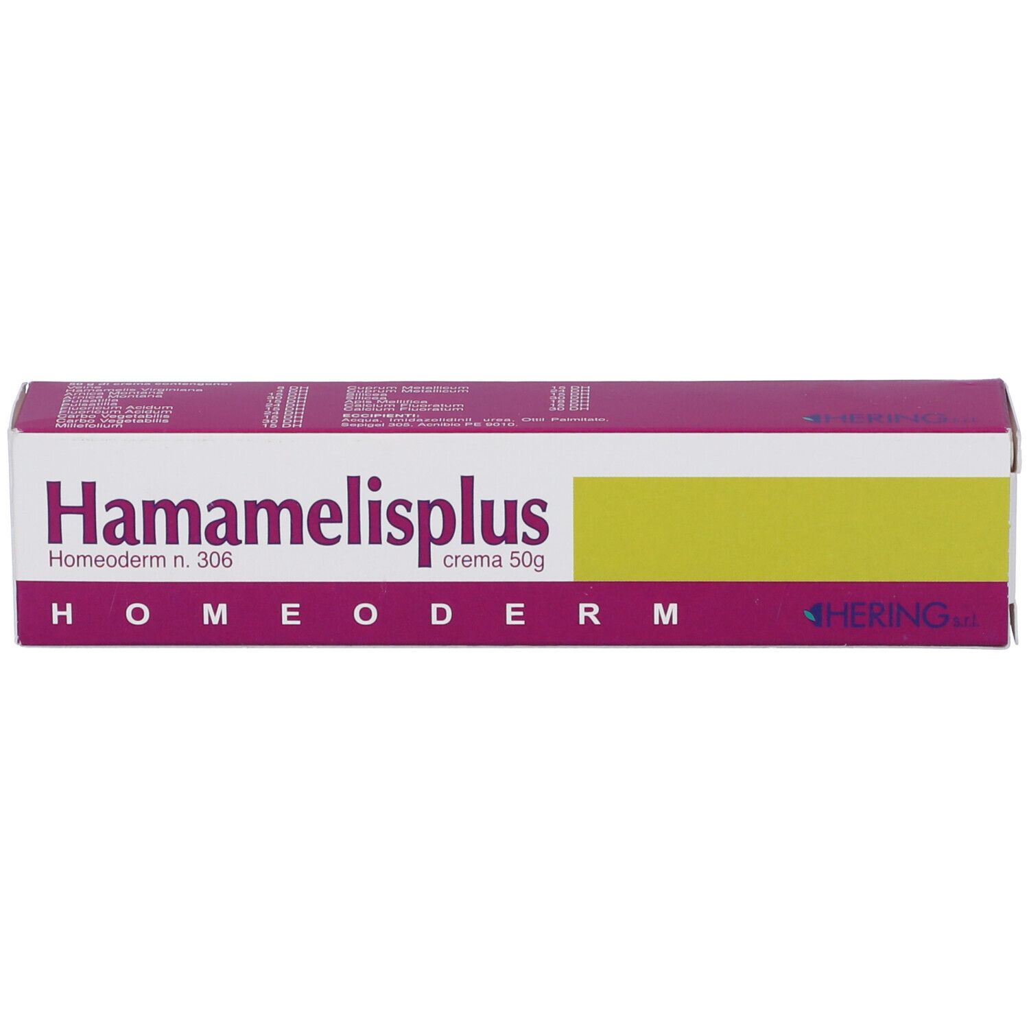 Scatola con nome Hamamelisplus. Testo: Homeoderm, crema 50g. Logo Hering.