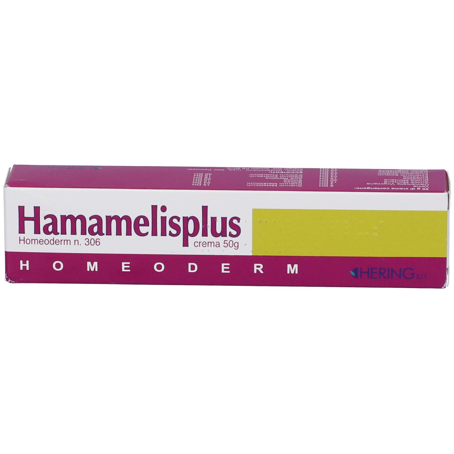 Scatola con nome Hamamelisplus. Testo: Homeoderm, crema 50g. Logo Hering.