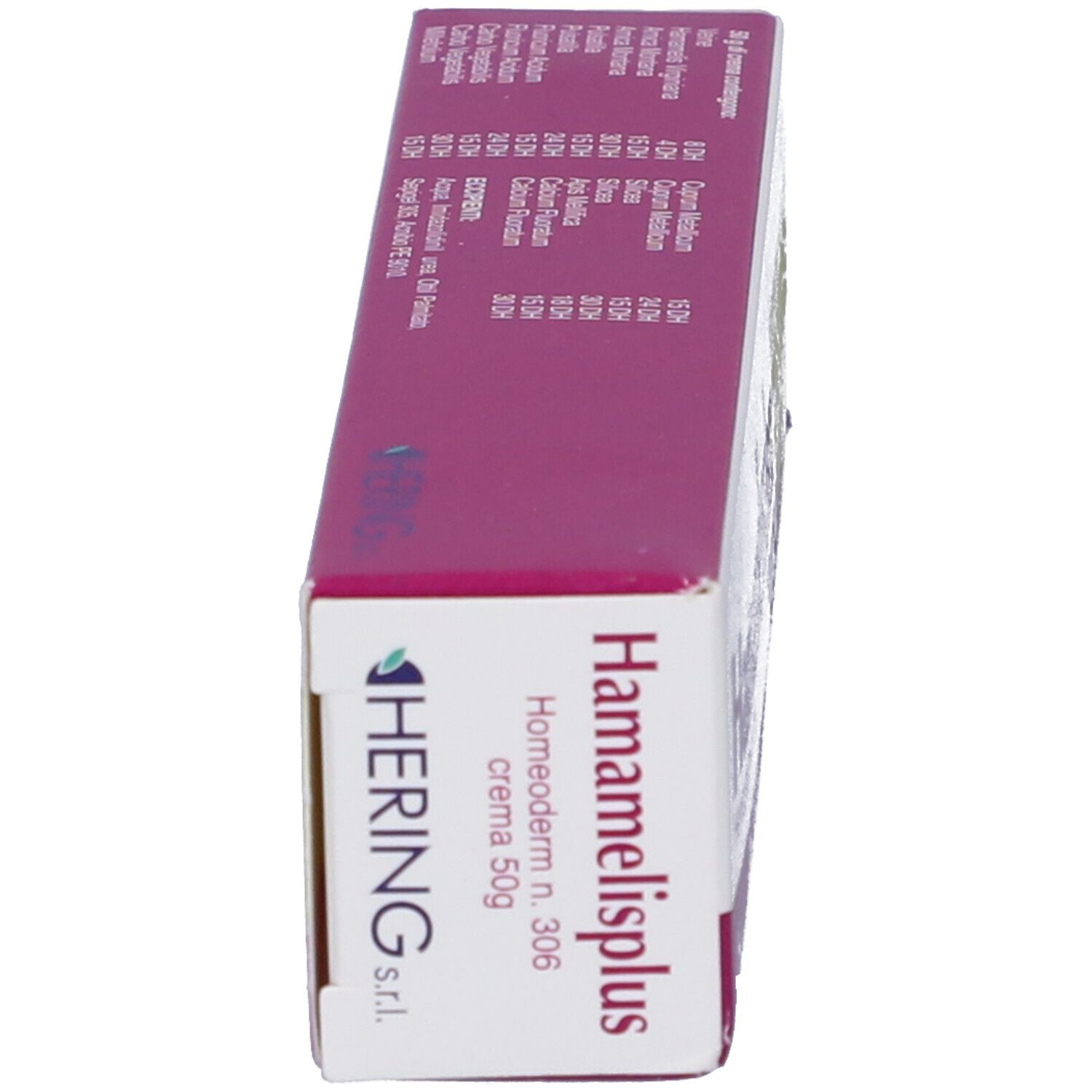 Scatola, vista laterale. Testo: Hamamelisplus, Homeoderm, crema 50g. Logo Hering.
