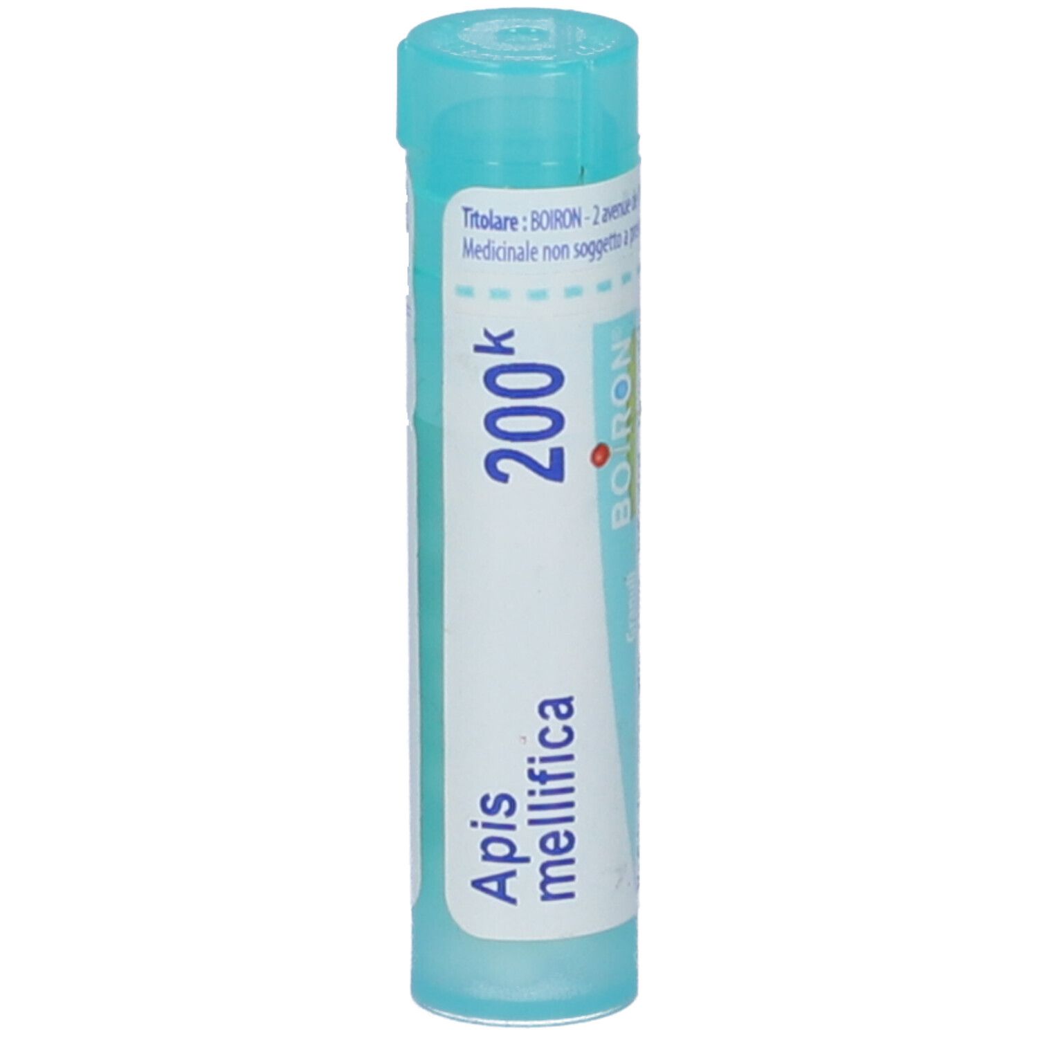 Tubo cilindrico blu. Scritta: Apis mellifica, 200k, BOIRON. Tappo blu.