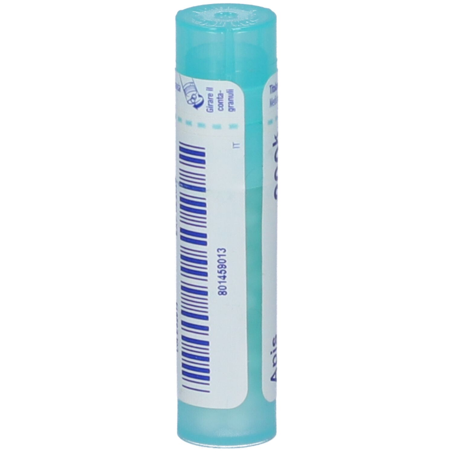 Tubo cilindrico blu. Scritta: 200k, Apis mellifica. Codice a barre e informazioni.