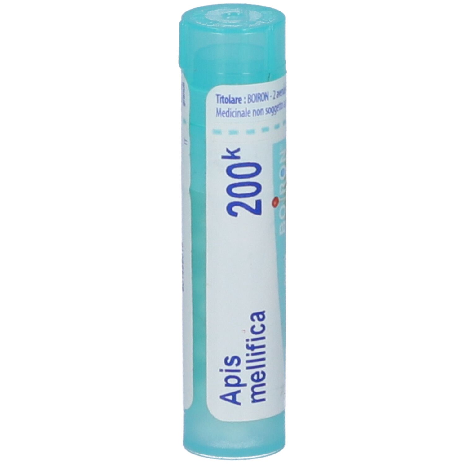 Tubo cilindrico blu. Scritta: Apis mellifica, 200k, BOIRON. Tappo blu.