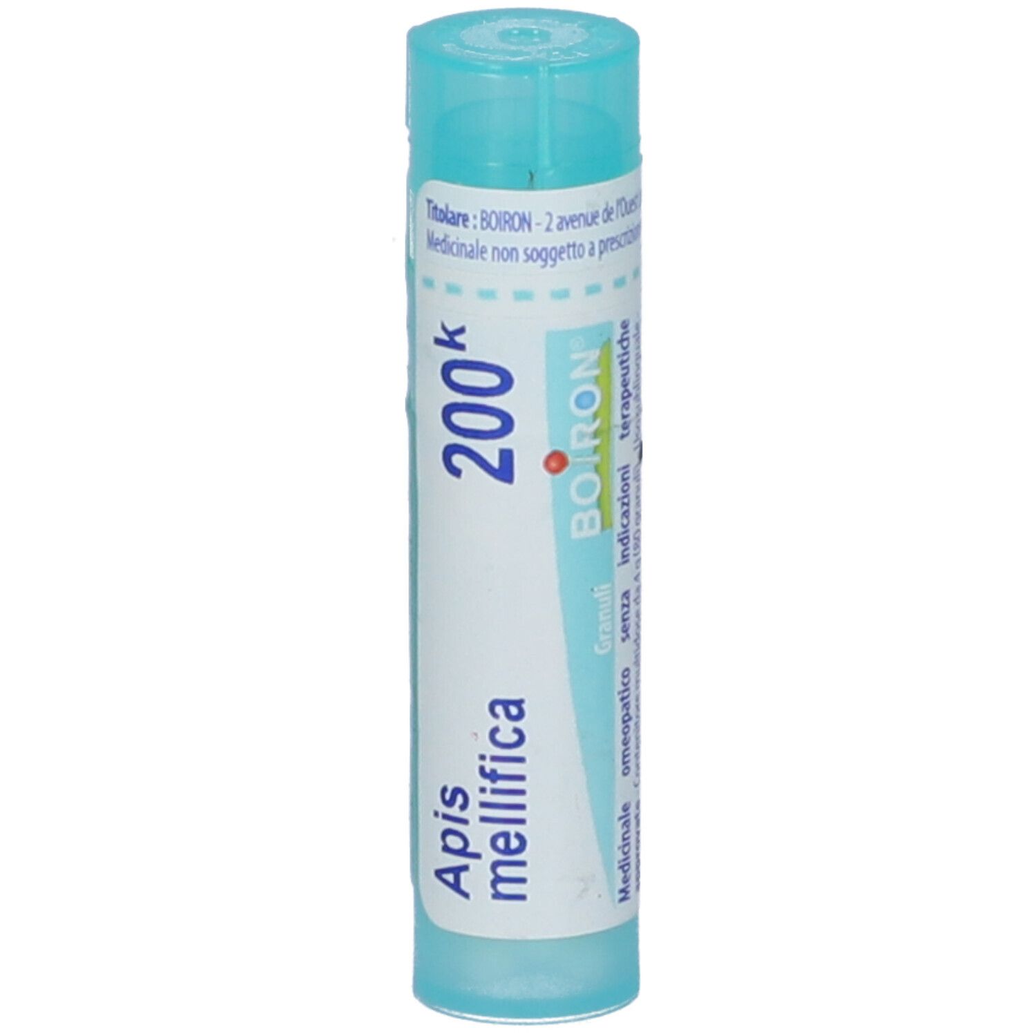 Tubo cilindrico blu. Scritta: Apis mellifica, 200k, BOIRON. Tappo blu.
