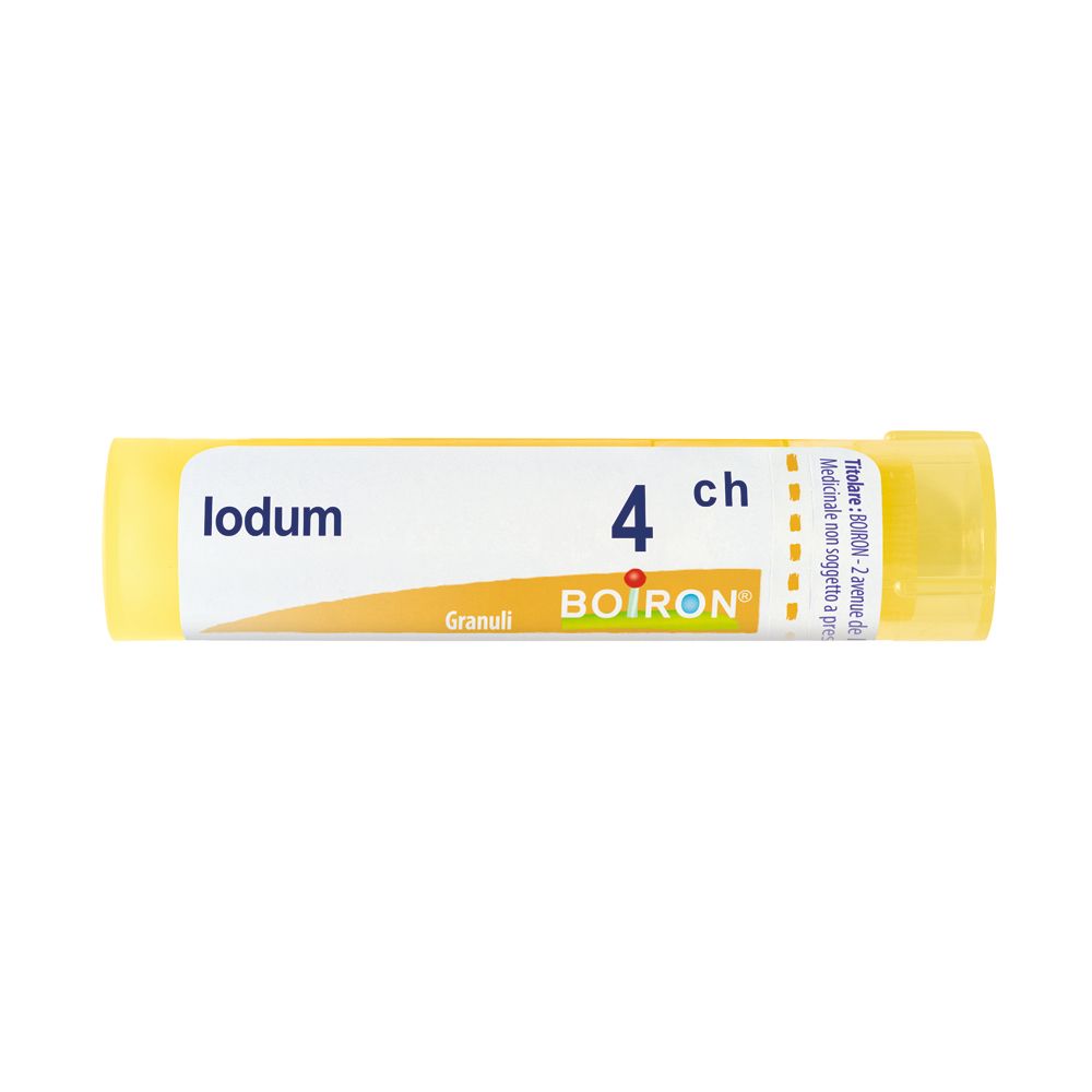 Tubo giallo con "Iodum 4 ch Granuli" e logo Boiron. Scritte bianche su sfondo blu.